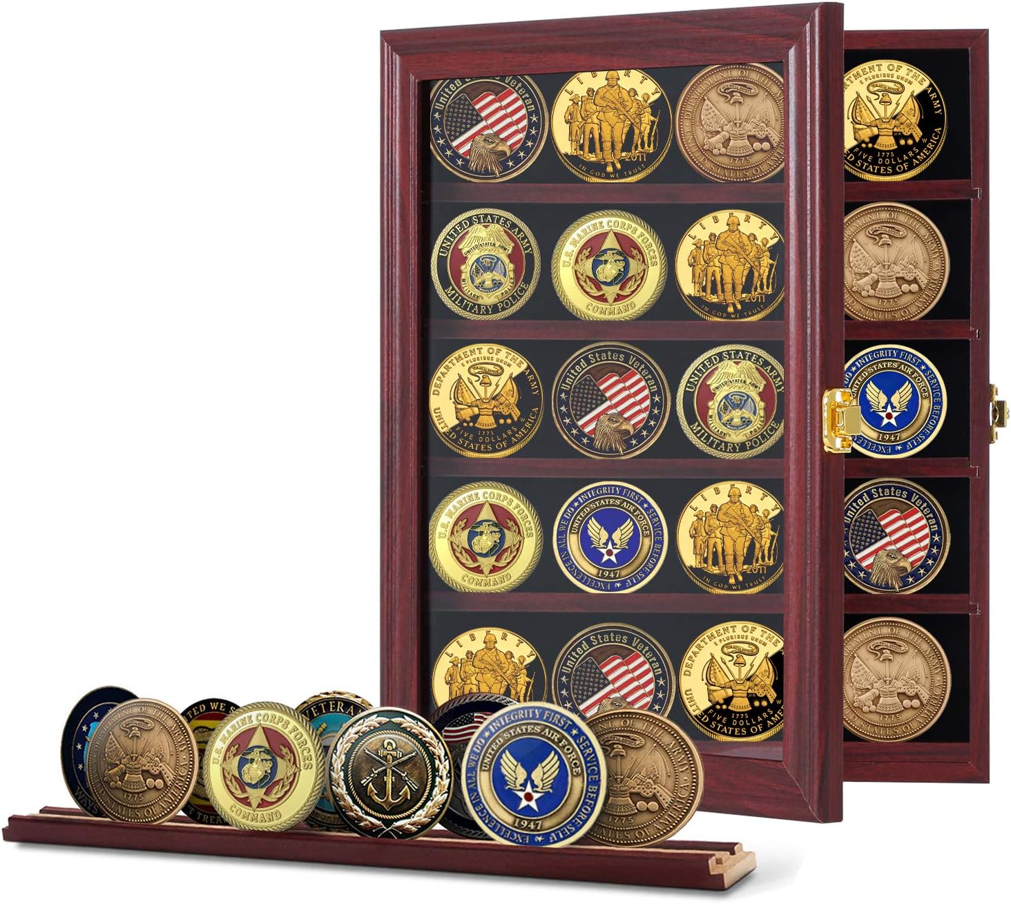 Jinchuan Military Challenge Coin Display Case Lockable Cabinet Rack Holder Shadow Box with Removable 2 Grooves Shelves and Anti Fade Acrylic Glass Door for Casino Poker Chips Collectibles Mahogany