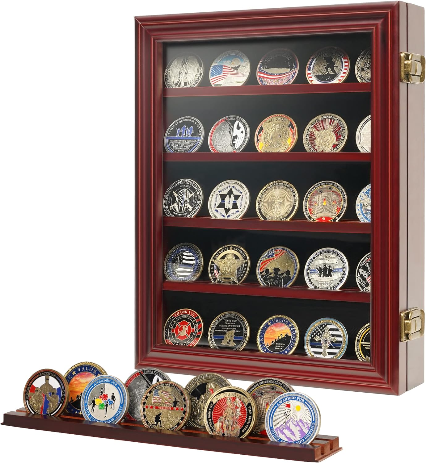 Military Challenge Coin Display Case with HD Glass Door, 5 Rows Medal Display Case Cabinet Rack Shadow Box with Removable 2 Grooves Shelves Poker Chip Coin Holder for Collectors, Mahogany