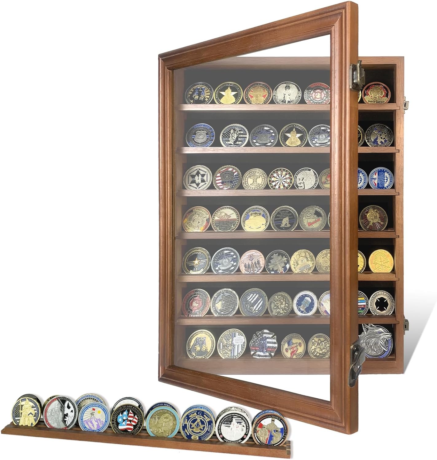 Military Challenge Coin Holder Display Case with Removable Shelves Holds 100 Coins, Solid Wood Medal Shadow Box Poker Chip Locking Display Case Wall Mount with HD Glass Door, Walnut