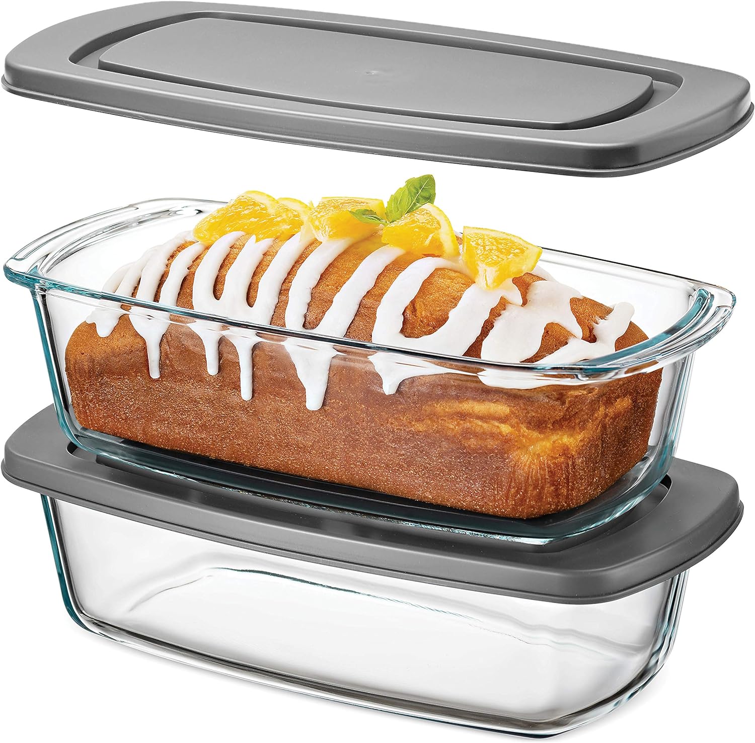 FineDine Glass Loaf Baking Pan with Lid - 2-Pack with BPA-free Airtight Lids - Perfect for Baking Bread, Meatloaf, and More, Gray