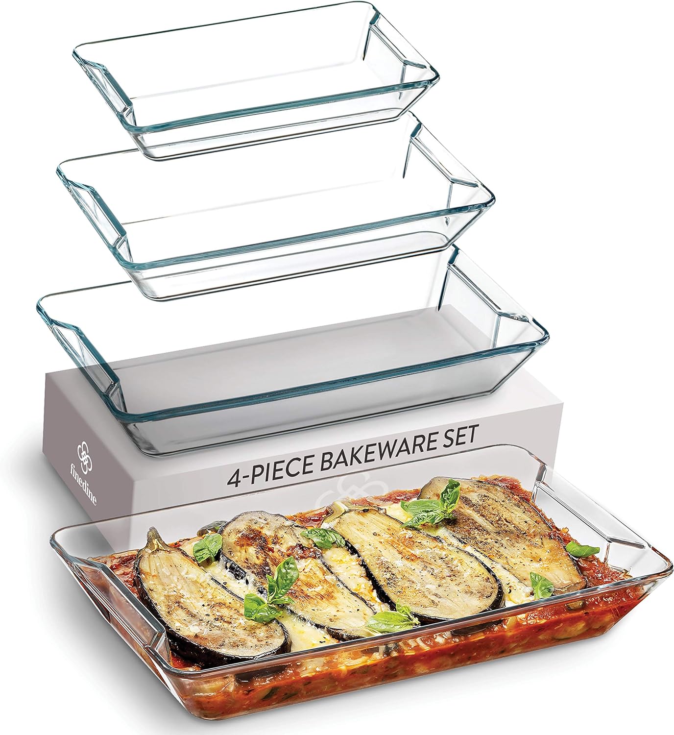 4-Piece Rectangular Glass Casserole Dish Set - Modern Design, Grip Handles, Nesting Storage