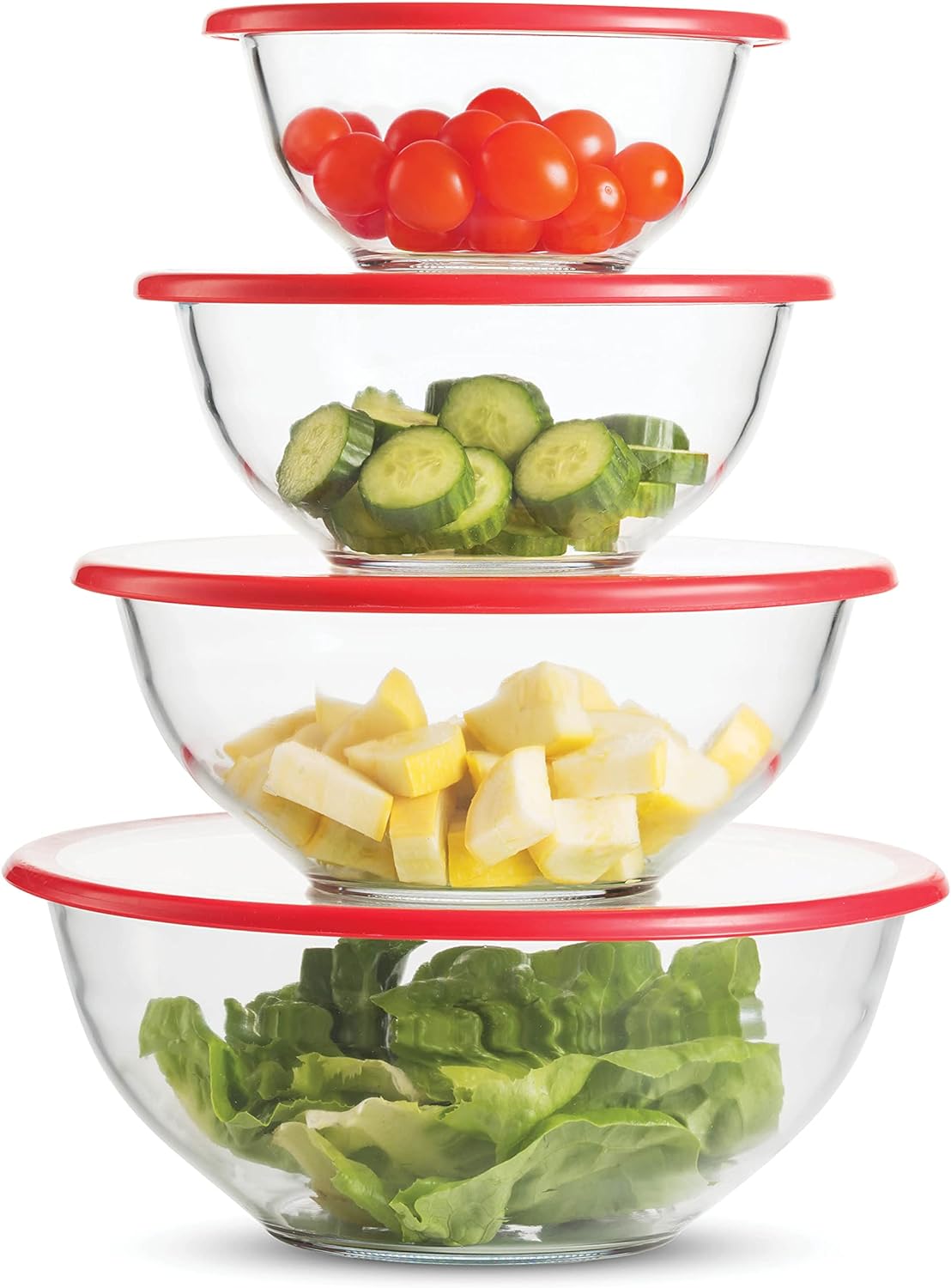 Superior Glass Mixing Bowls Set with Lids - 8-Piece with BPA-Free lids, Space-Saving Nesting Bowls - Easy Grip & Stable Design for Meal Prep & Food Storage - For Cooking, Baking