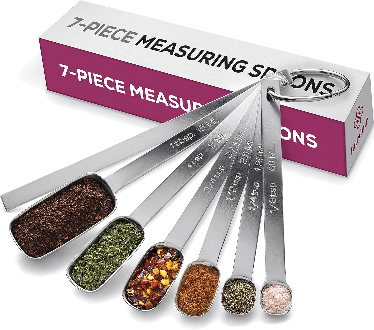 Premium Stainless Steel Measuring Spoons set - 7-Piece Kitchen Measuring Spoons With Leveler - Slim Design Fits In Spice Jars - Metal Measuring Spoon Set for Dry, Liquid Ingredients Cooking & Baking.
