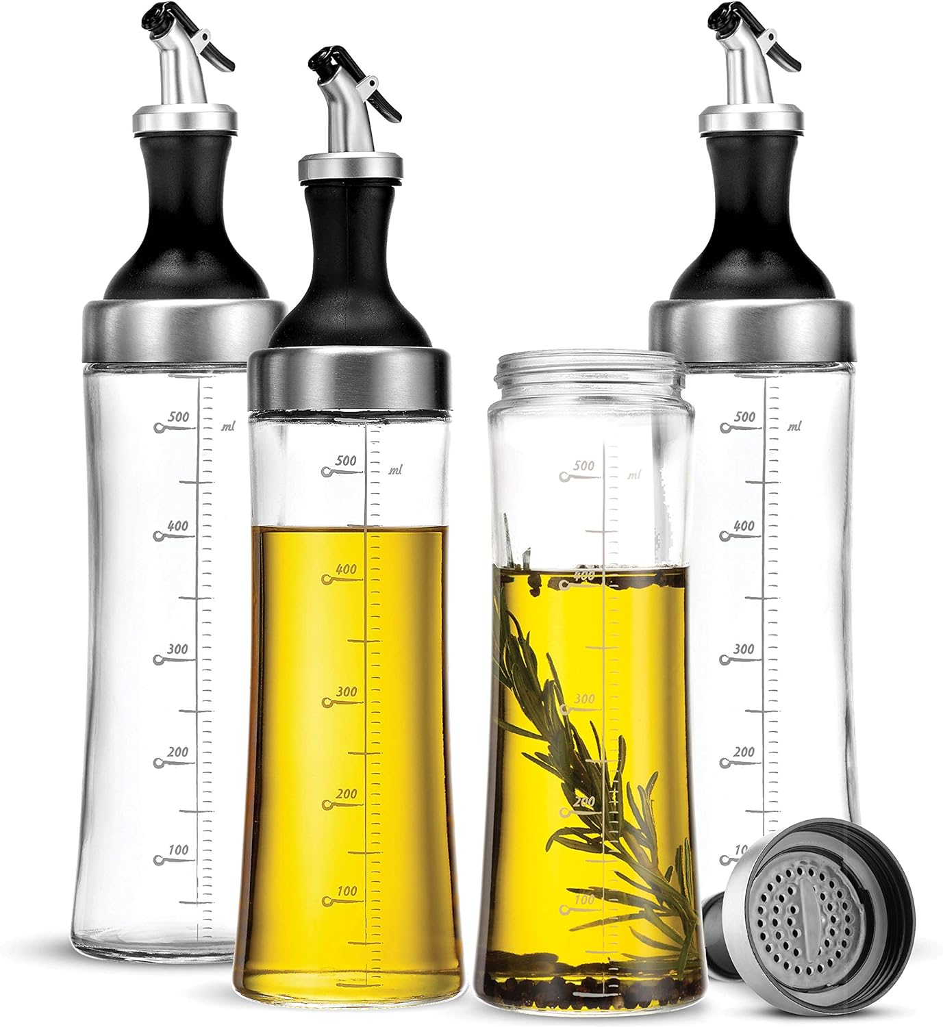 FineDine Superior Glass Oil and Vinegar Dispenser, Modern Olive Oil Dispenser, Wide Opening for Easy Refill and Cleaning, Clear Glass Oil Bottle, Pouring Spouts, 18 Oz. Cruet Set (Set of 4)
