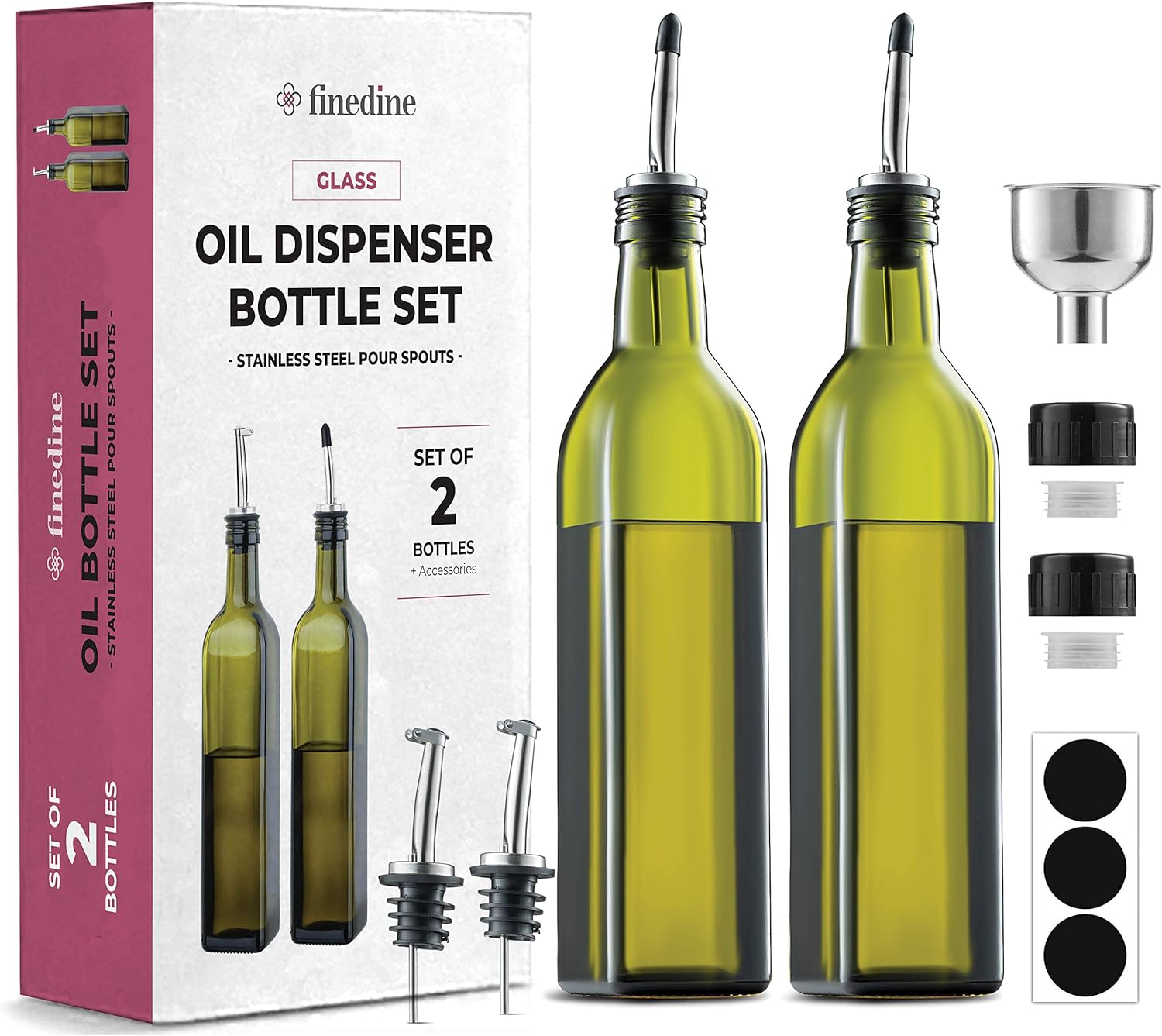 Oil Dispenser Bottle For Kitchen - Glass Oil Bottle Set - Oil and Vinegar Dispenser - Refill Funnel & Pouring Spouts & Labels
