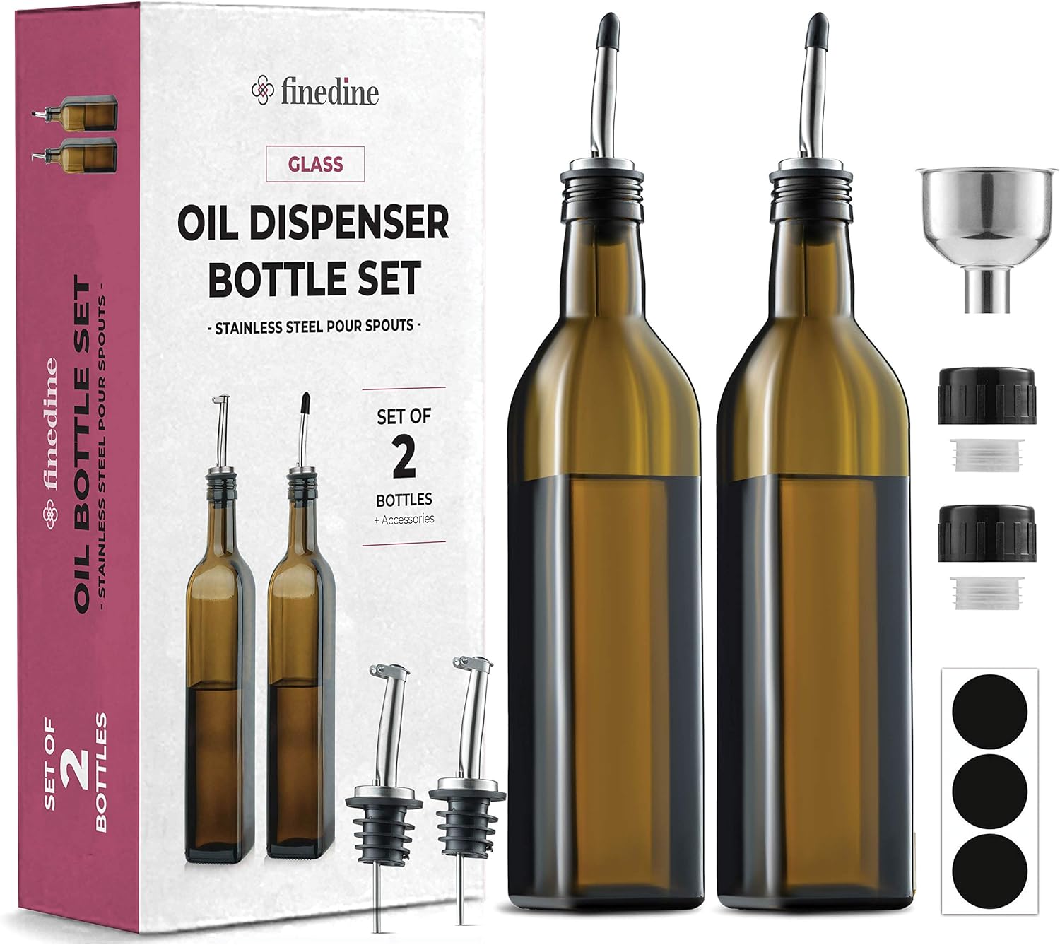 Superior Olive Oil and Vinegar Dispenser Set - Slim Amber Brown Design With Easy Refill Funnel - 4 Pouring Spouts and Labels for Kitchen - Glass Bottle Set