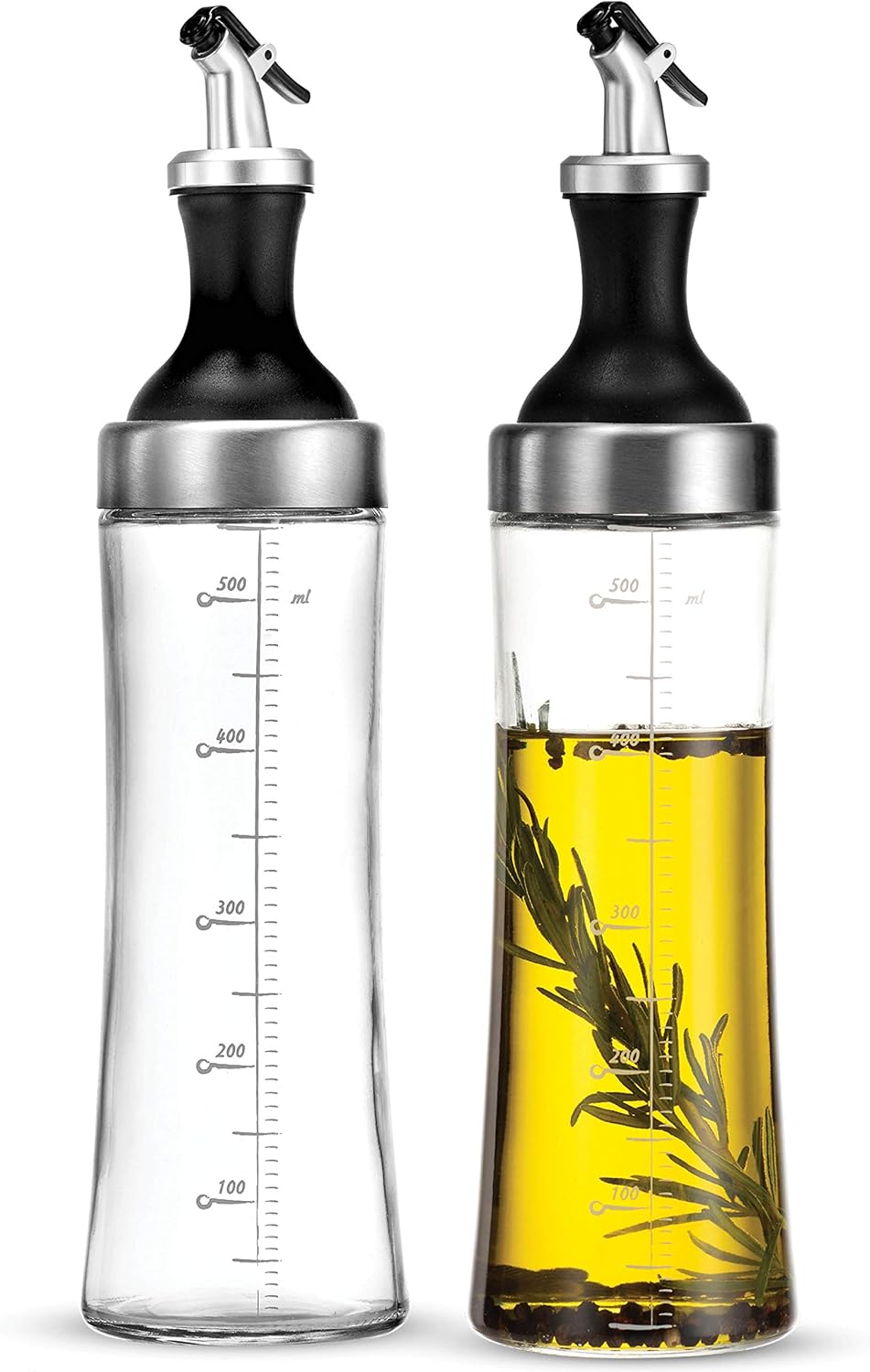 FineDine Superior Glass Oil and Vinegar Dispenser, Modern Olive Oil Dispenser, Wide Opening for Easy Refill and Cleaning, Clear Glass Oil Bottle, Pouring Spouts, 18 Oz. Cruet Set (Set of 2)