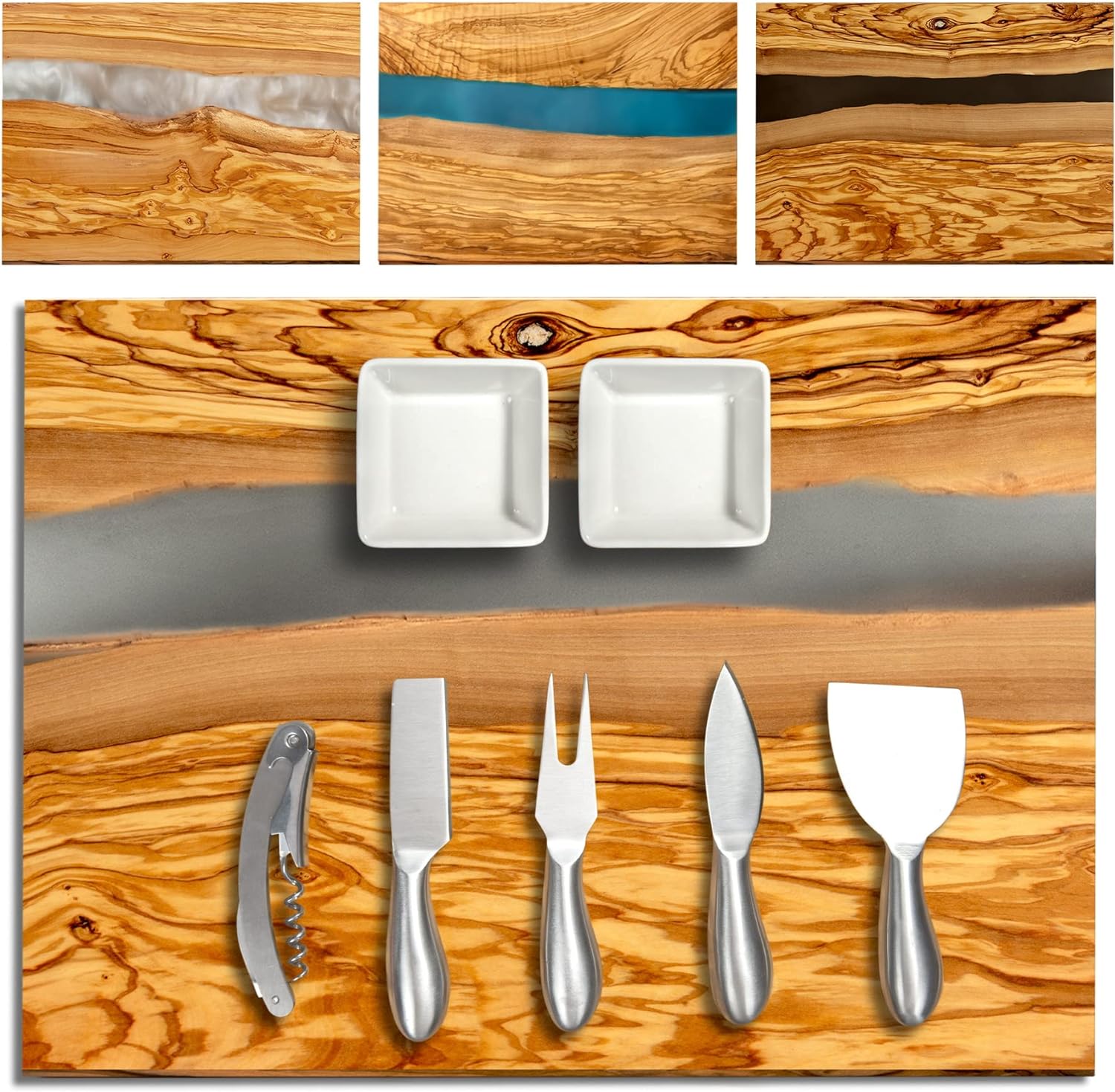 Handcrafted Italian Olive Wood Cheese & Charcuterie Board Set with Unique Gray Resin Artwork - Cutting Board Comes with 4 Cheese Knives, 2 Dipping Bowls & Corkscrew Wine Opener (Gray)