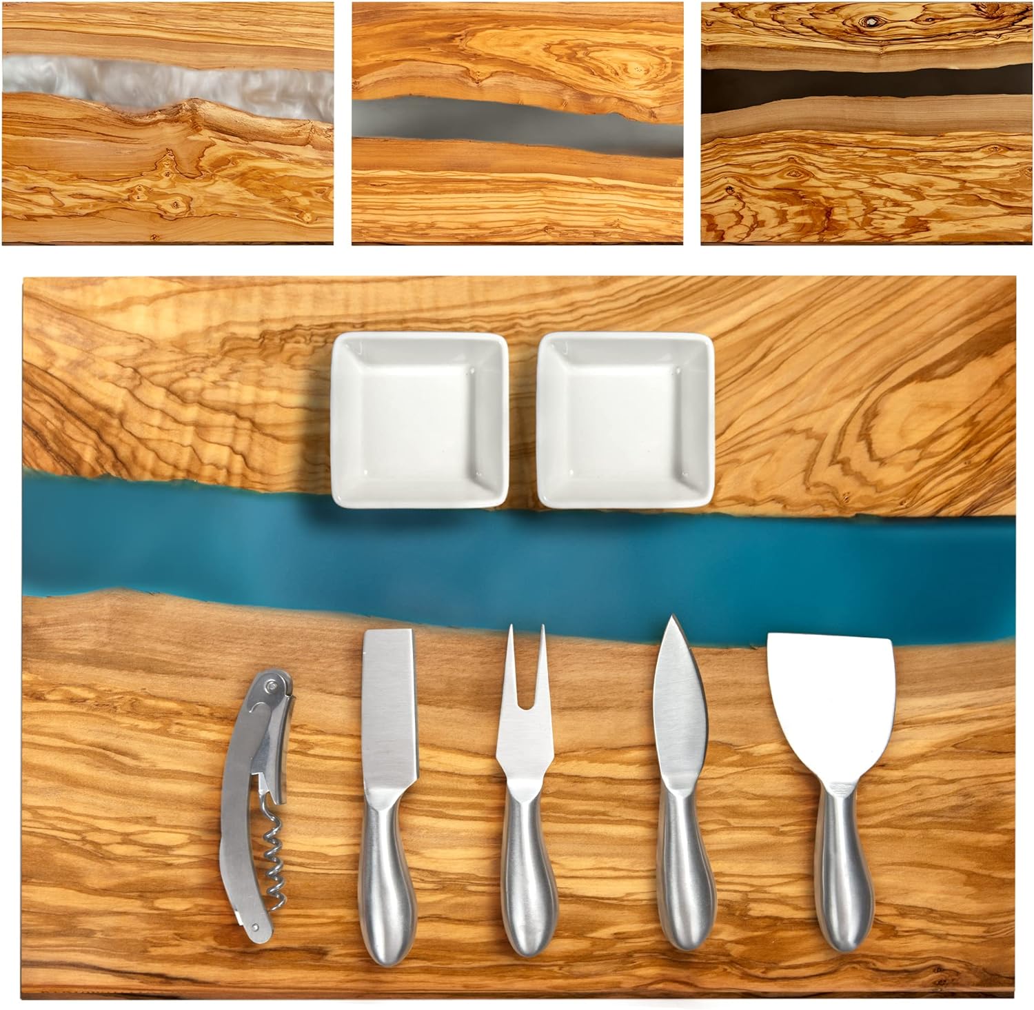 Handcrafted Italian Olive Wood Cheese & Charcuterie Board Set with Unique Blue Resin Artwork - Cutting Board Comes with 4 Cheese Knives, 2 Dipping Bowls & Corkscrew Wine Opener (Blue)