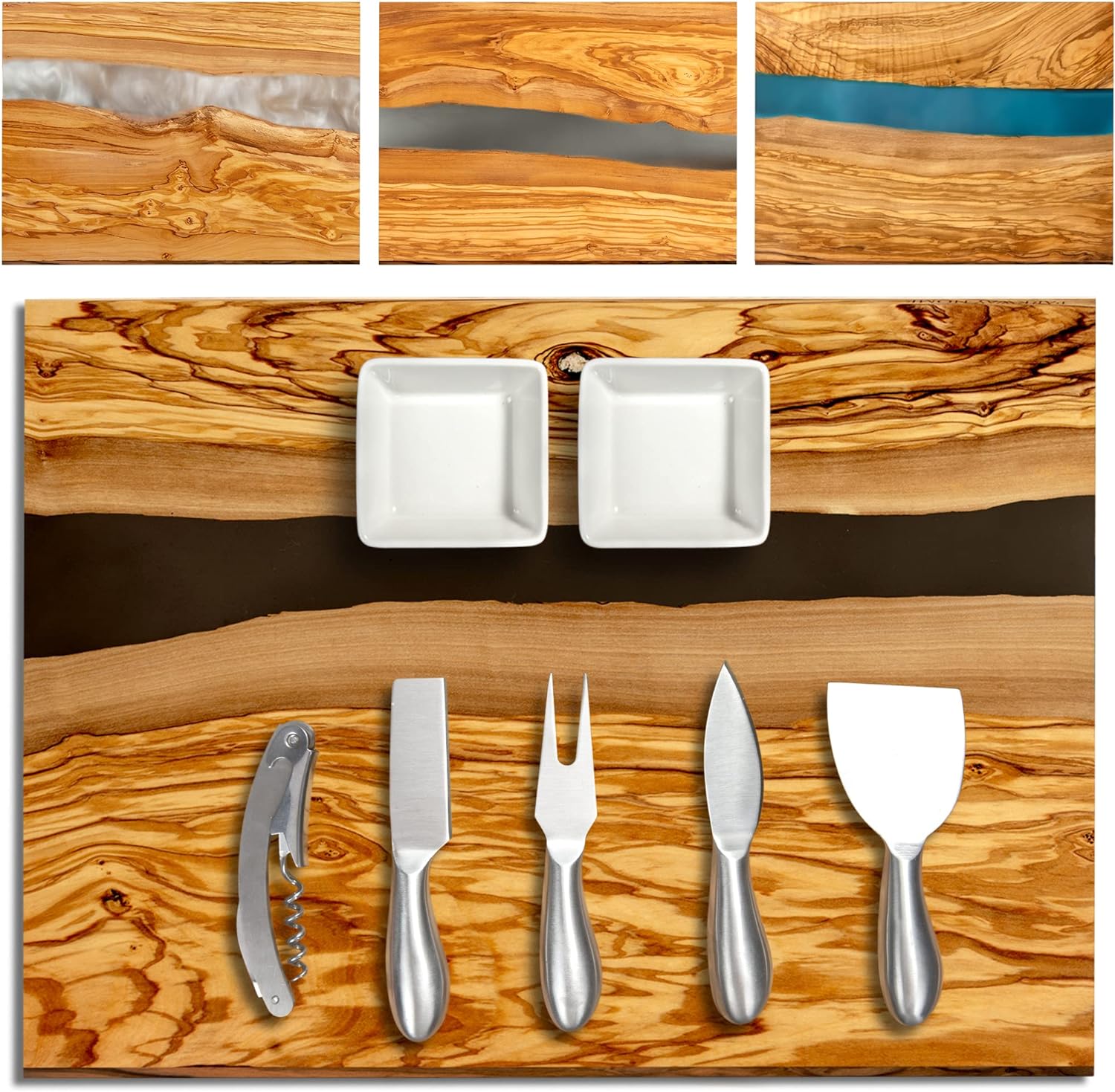 Handcrafted Italian Olive Wood Cheese & Charcuterie Board Set with Unique Black Resin Artwork - Cutting Board Comes with 4 Cheese Knives, 2 Dipping Bowls & Corkscrew Wine Opener (Black)