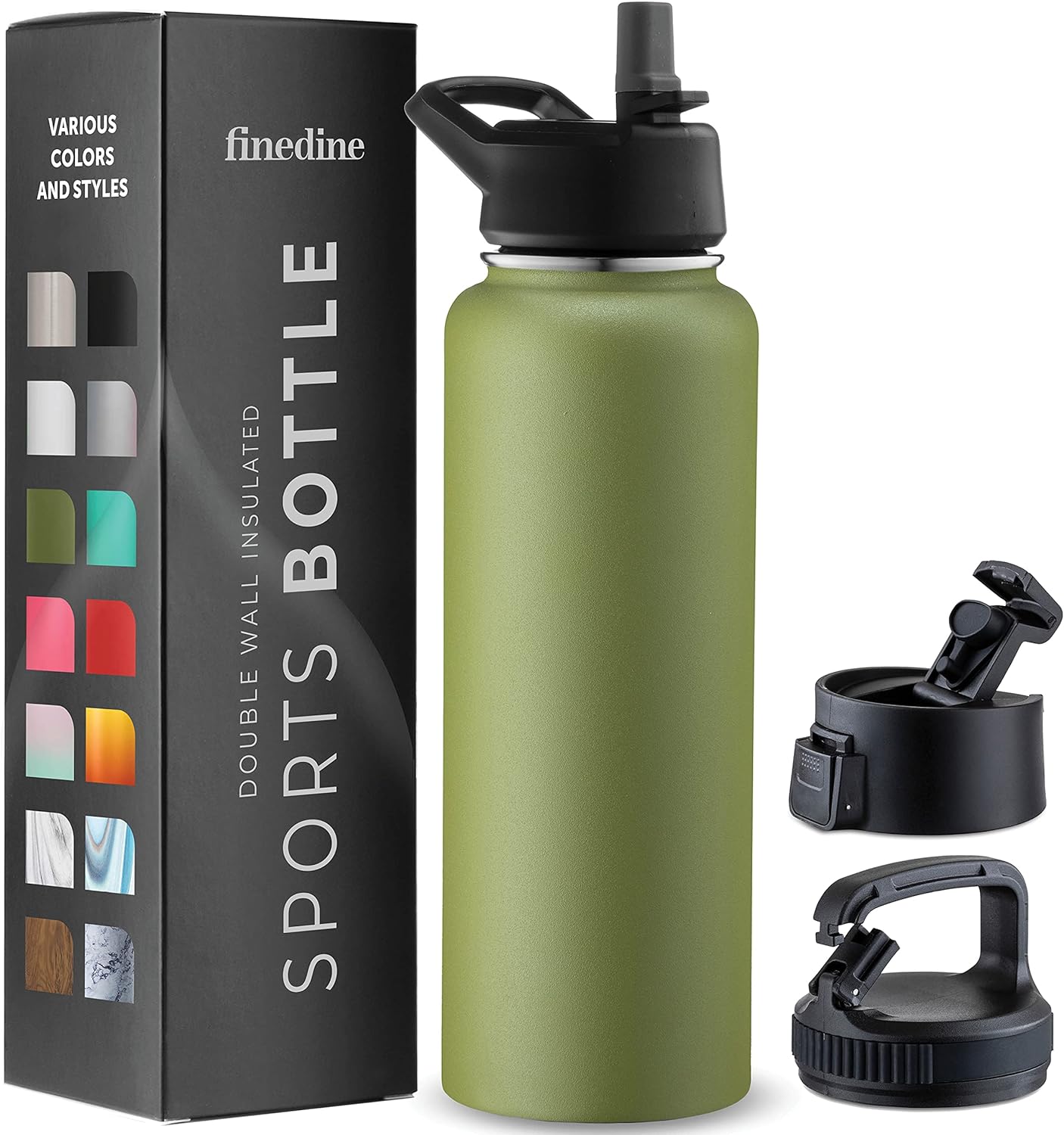 FineDine Triple Walled, Insulated Water Bottles with Straw - 40 Oz Stainless Steel Metal Bottle W/ 3 Leak Proof Lids - For Travel, School, Sports, Gym/Men, Women & Kids - Army Green