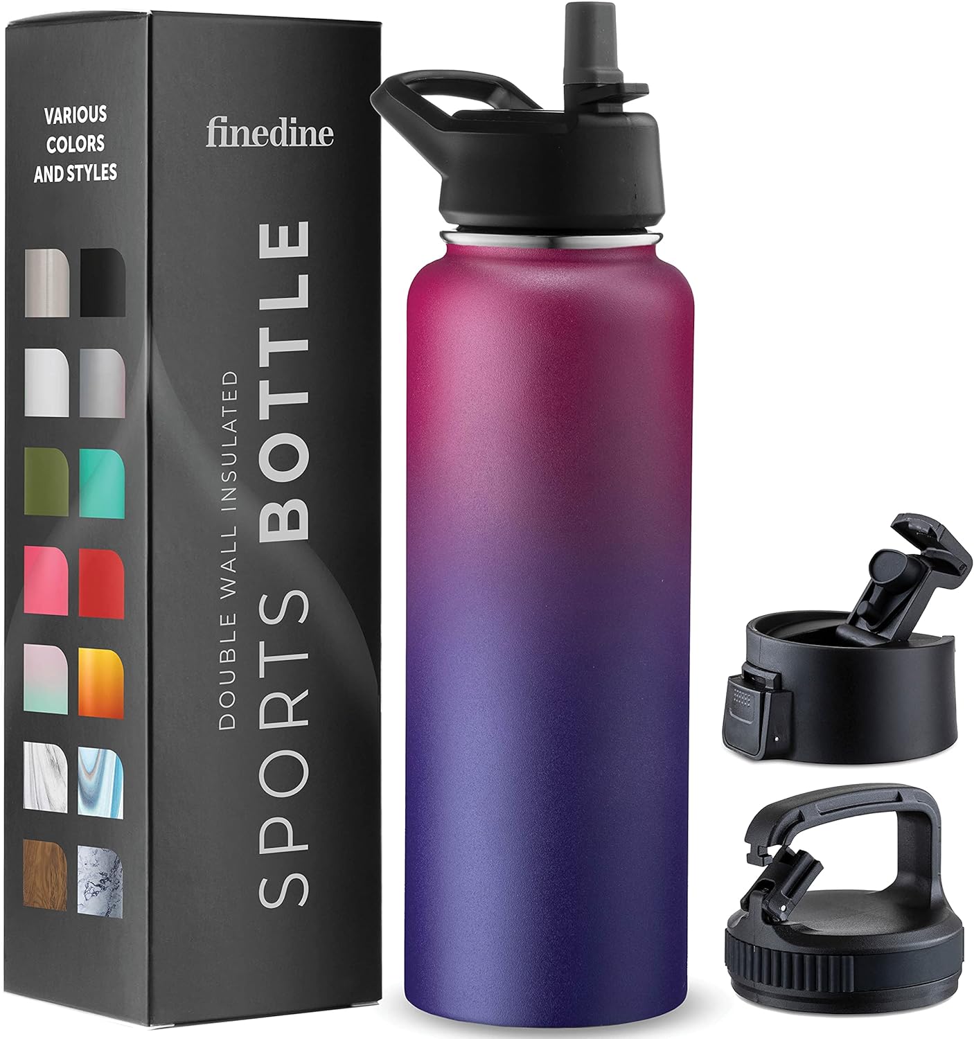FineDine Insulated Water Bottles with Straw - 40 Oz Stainless Steel Metal Water Bottle W/ 3 Lids - Reusable for Travel, Camping, Bike, Sports - Dreamy Purple