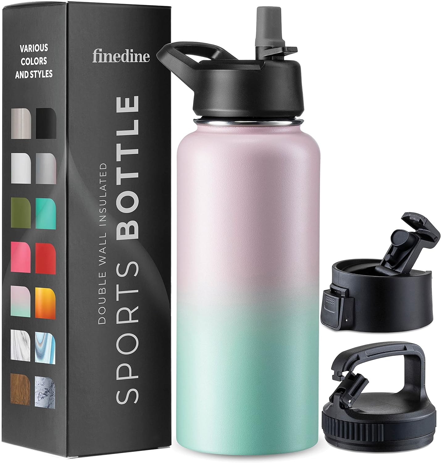 FineDine Insulated Water Bottles with Straw - 32 Oz Stainless Steel Metal Water Bottle W/ 3 Lids - Reusable for Travel, Camping, Bike, Sports - Dreamy Pink-Green
