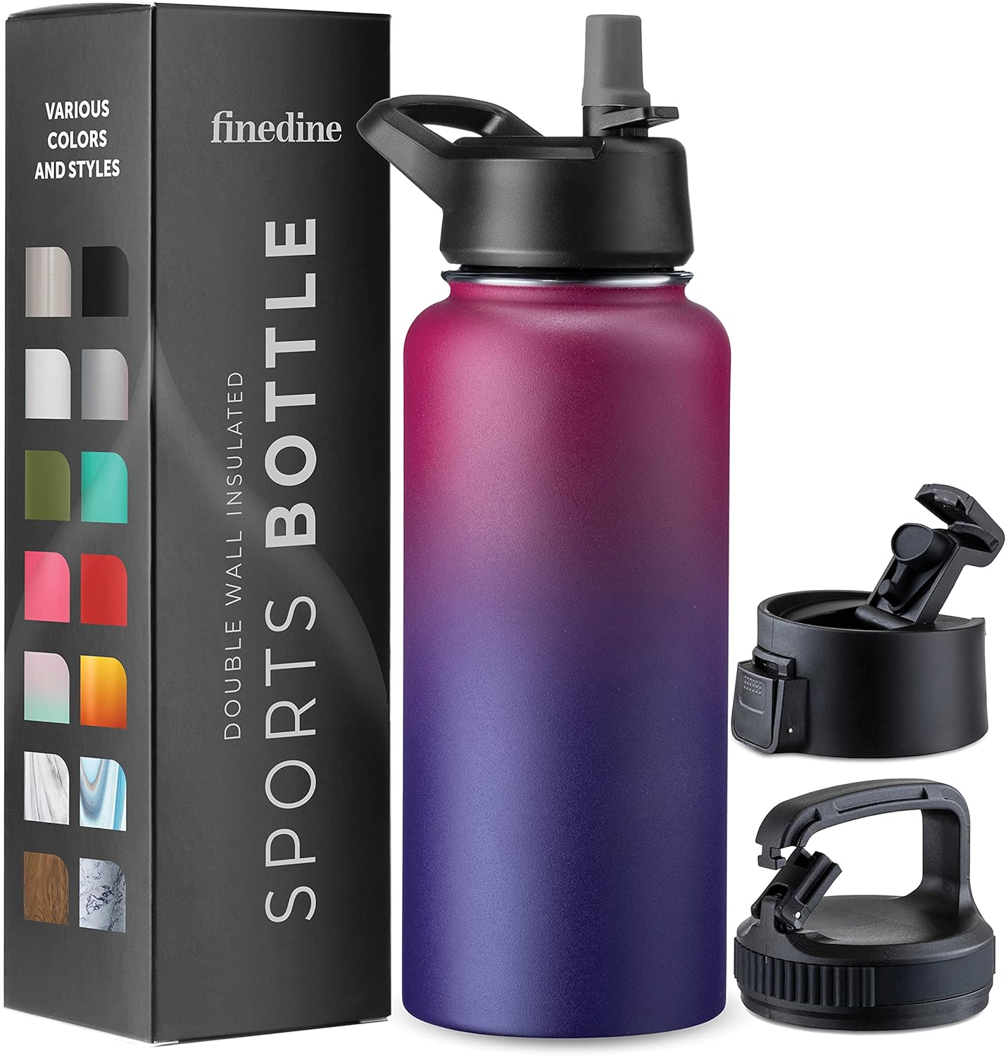 FineDine Insulated Water Bottles with Straw - 32 Oz Stainless Steel Metal Water Bottle W/ 3 Lids - Reusable for Travel, Camping, Bike, Sports - Dreamy Purple