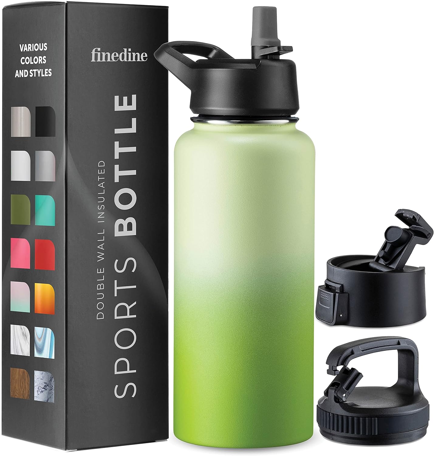 FineDine Insulated Water Bottles with Straw - 32 Oz Stainless Steel Metal Water Bottle W/ 3 Lids - Reusable for Travel, Camping, Bike, Sports - Dreamy Green