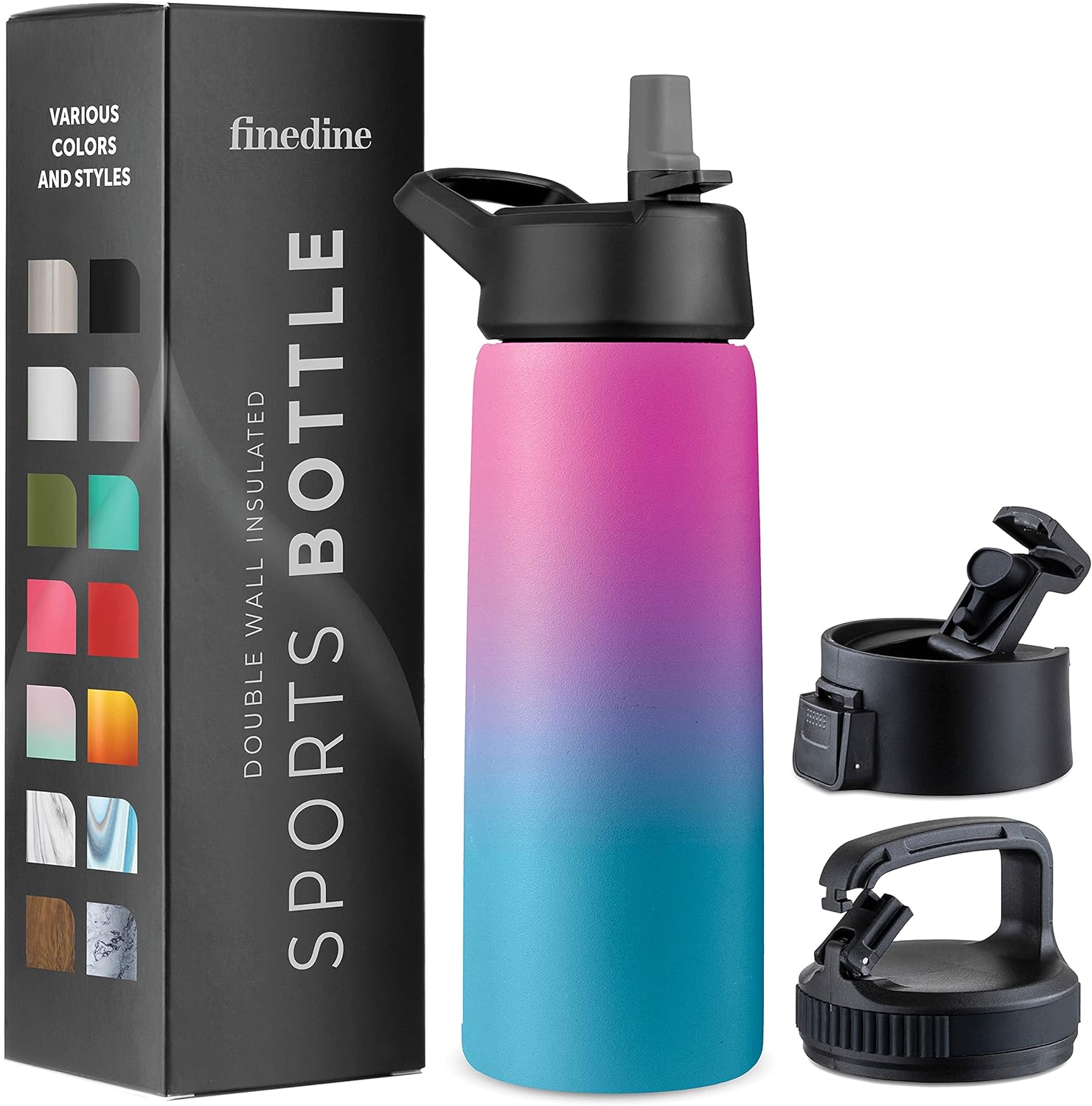 FineDine Insulated Water Bottles with Straw - 25 Oz Stainless Steel Metal Water Bottle W/ 3 Lids - Reusable for Travel, Camping, Bike, Sports - Pacific Blue Rose Blend