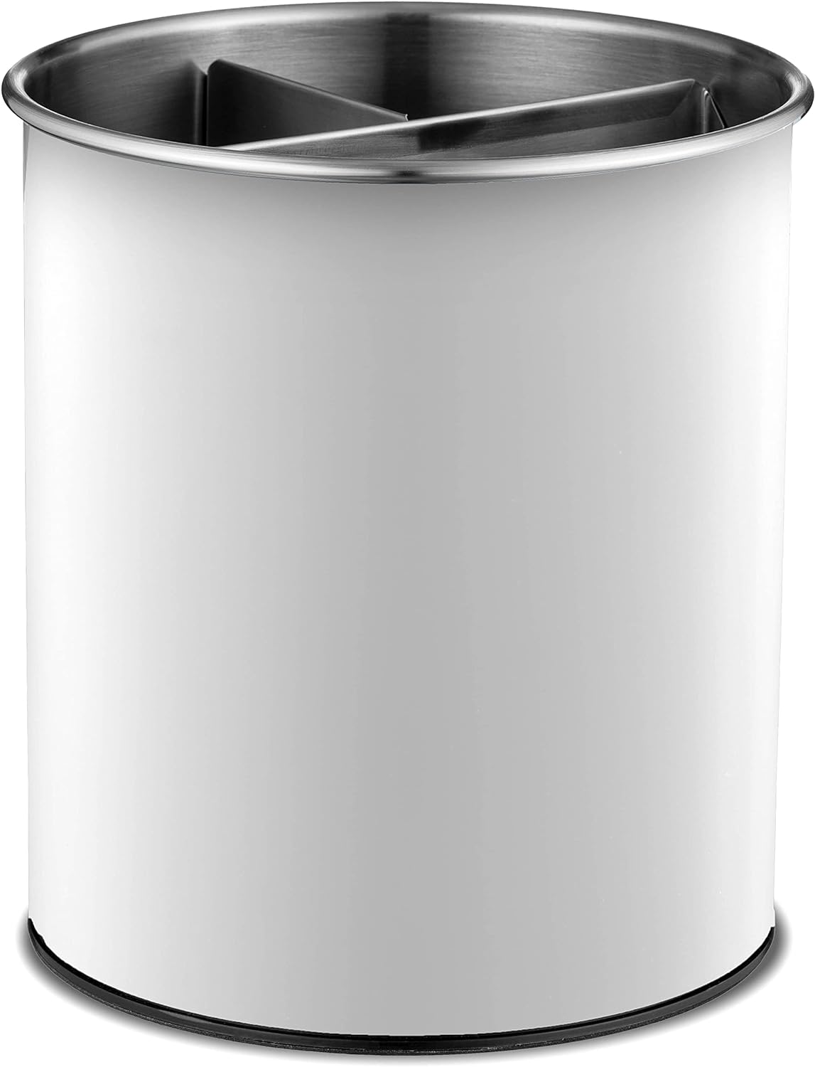 Rotating Utensil Crock with Weighted Base for Stability, Stainless Steel Utensil Caddy with Removable Divider, Fresh White