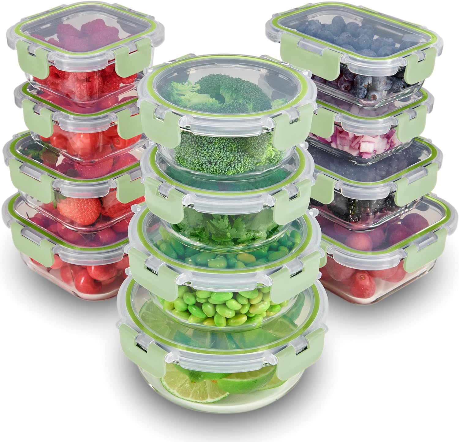 FineDine 24 Piece Glass Storage Containers with Lids - Leak Proof, Dishwasher Safe Glass Food Storage Containers for Meal Prep or Leftovers, Green