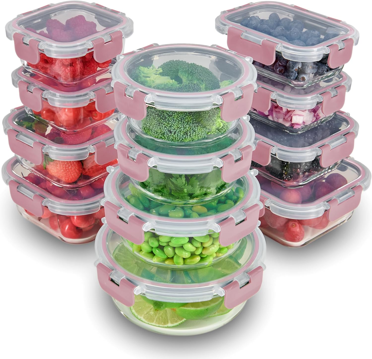 FineDine 24 Piece Glass Storage Containers with Lids - Leak Proof, Dishwasher Safe Glass Food Storage Containers for Meal Prep or Leftovers, Pink