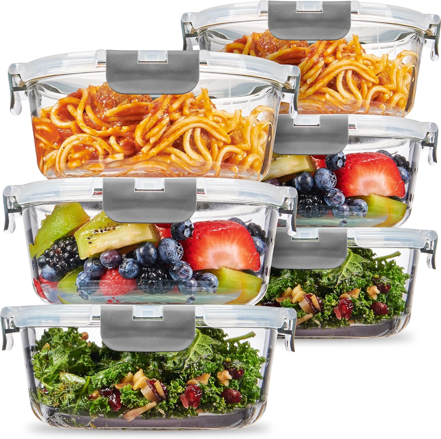FineDine 12-Piece Superior Glass Food Storage Containers Set, 32oz Capacity - Newly Innovated Hinged Locking lids - 100% Leakproof Glass Meal-Prep Containers, Freezer-to-Oven-Safe (Grey)