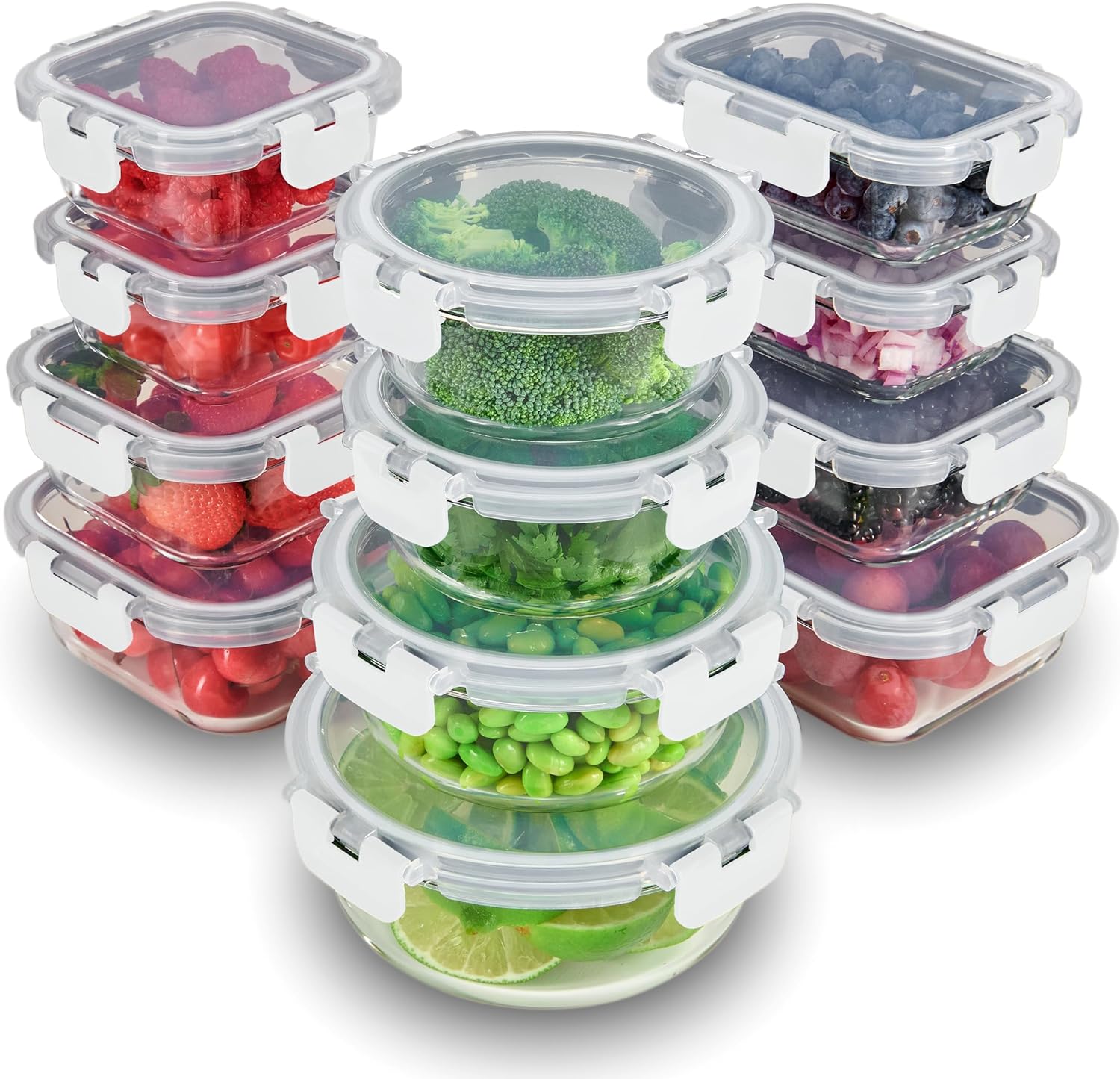 FineDine 24 Piece Glass Storage Containers with Lids - Leak Proof, Dishwasher Safe Glass Food Storage Containers for Meal Prep or Leftovers, White