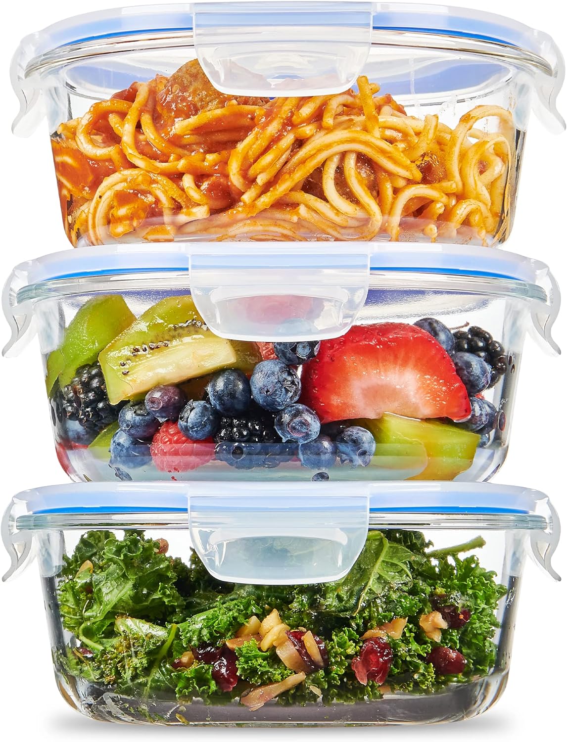 FineDine 6-Piece Superior Glass Food Storage Containers Set, 32oz Capacity - Newly Innovated Hinged Locking lids - 100% Leakproof Glass Meal-Prep Containers, Freezer-to-Oven-Safe (Blue)