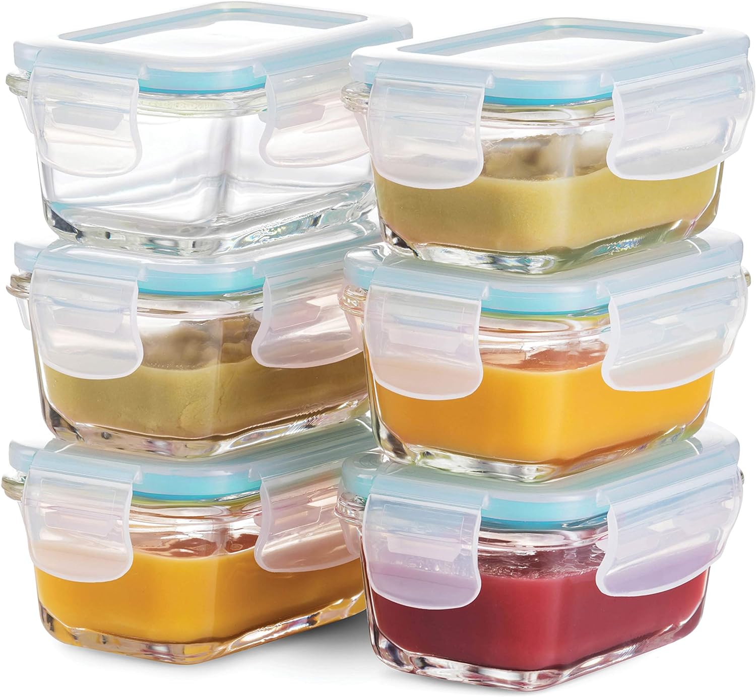 FineDine Glass Meal Prep Food Storage Container - Airtight, Leakproof, Microwave & Dishwasher Safe - Perfect for Snacks, Dips, and Meal Prep (Teal) 6 Count (Pack of 1)