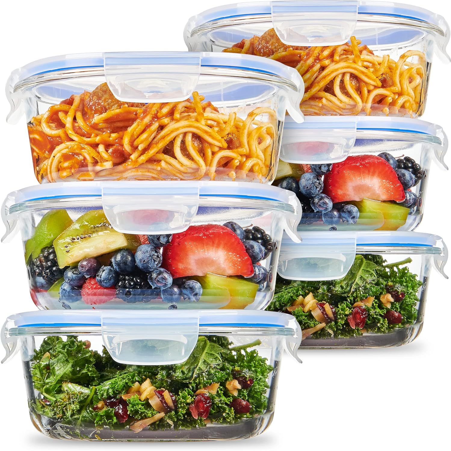 FineDine 12-Piece Superior Glass Food Storage Containers Set, 32oz Capacity - Newly Innovated Hinged Locking lids - 100% Leakproof Glass Meal-Prep Containers, Freezer-to-Oven-Safe (Blue)