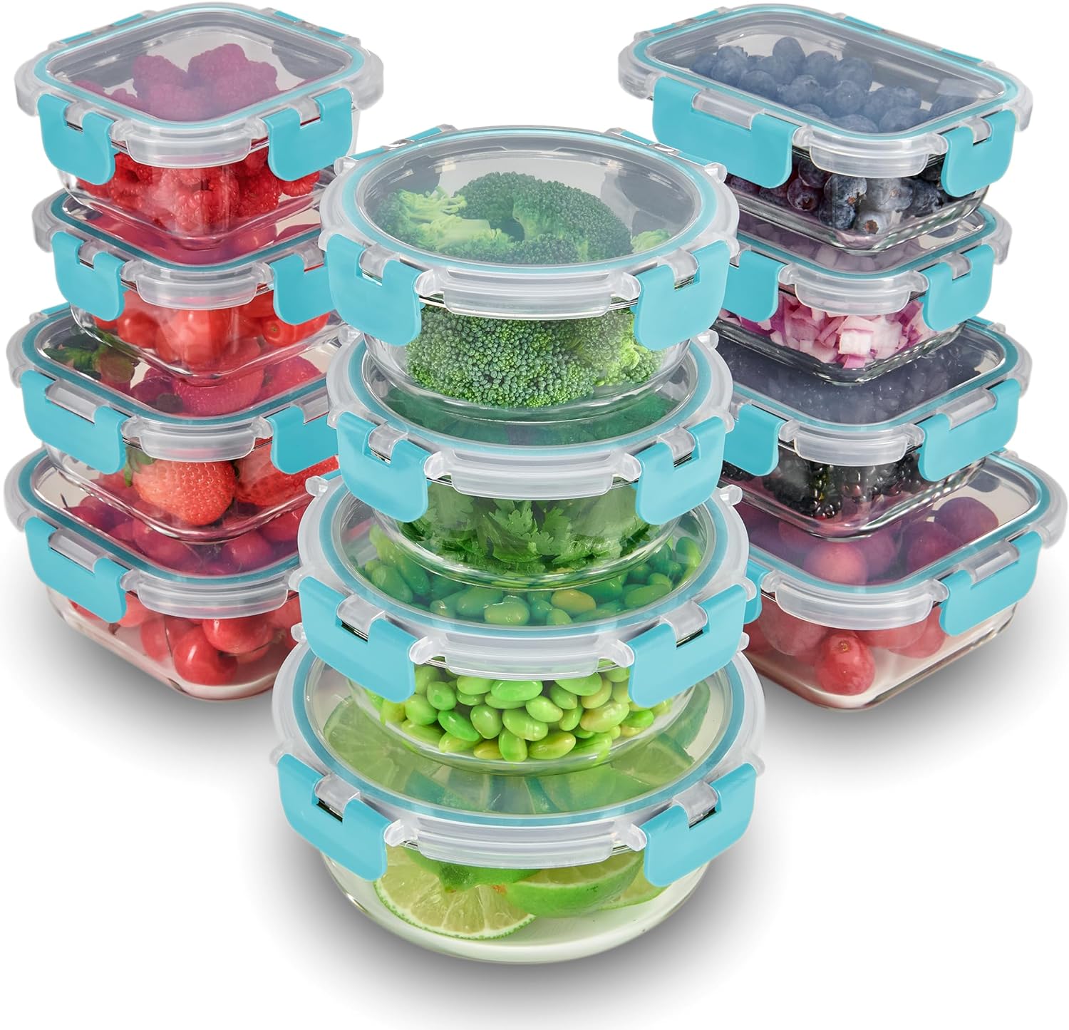 FineDine 24 Piece Glass Storage Containers with Lids - Leak Proof, Dishwasher Safe Glass Food Storage Containers for Meal Prep or Leftovers, Teal