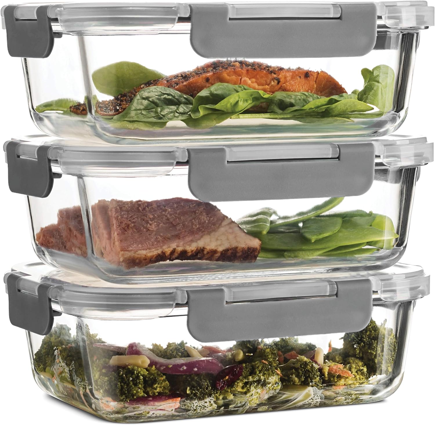 FineDine 6-Piece Superior Glass Food Storage Containers Set, 35oz Capacity - Newly Innovated Hinged Locking lids - 100% Leakproof Glass Meal-Prep Containers, Freezer-to-Oven-Safe (Grey)