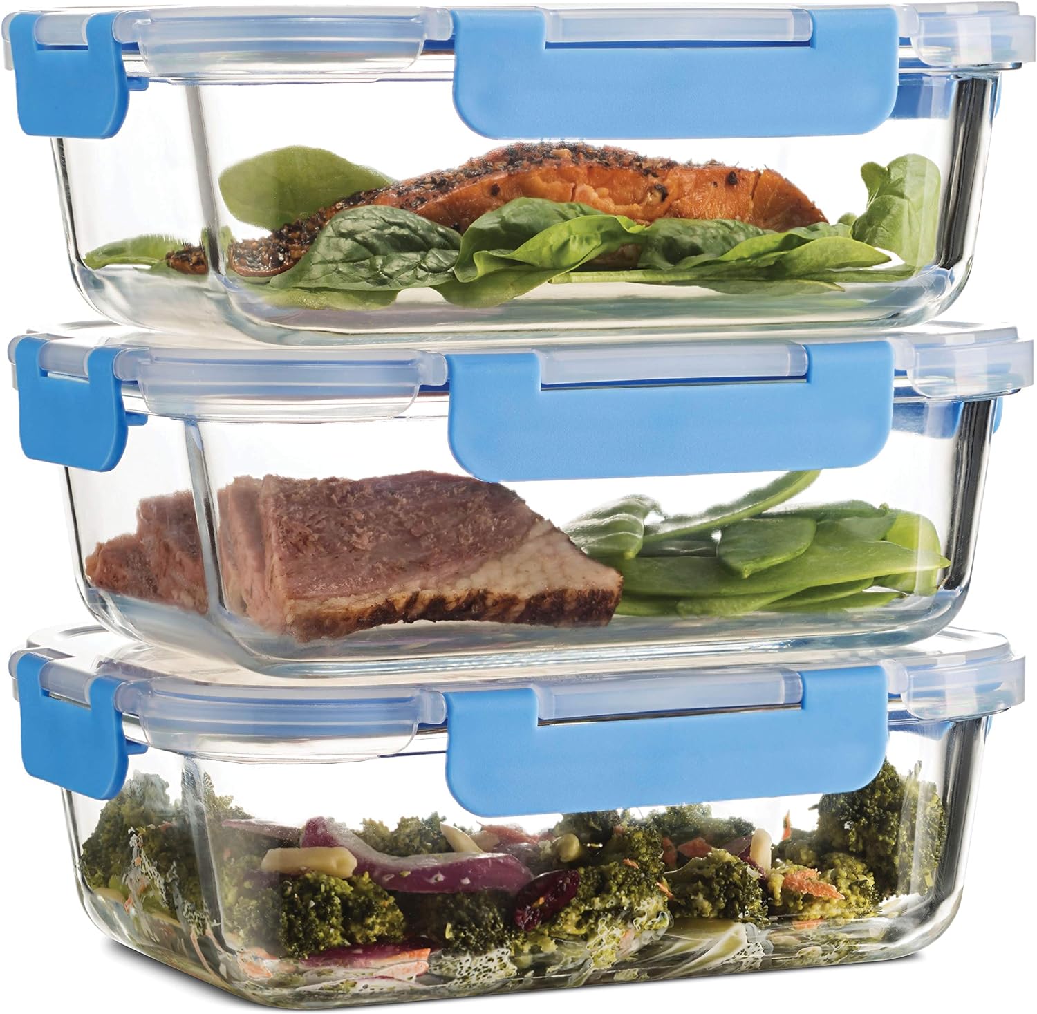 FineDine 6-Piece Superior Glass Food Storage Containers Set, 35oz Capacity - Newly Innovated Hinged Locking lids - 100% Leakproof Glass Meal-Prep Containers, Freezer-to-Oven-Safe (Blue)