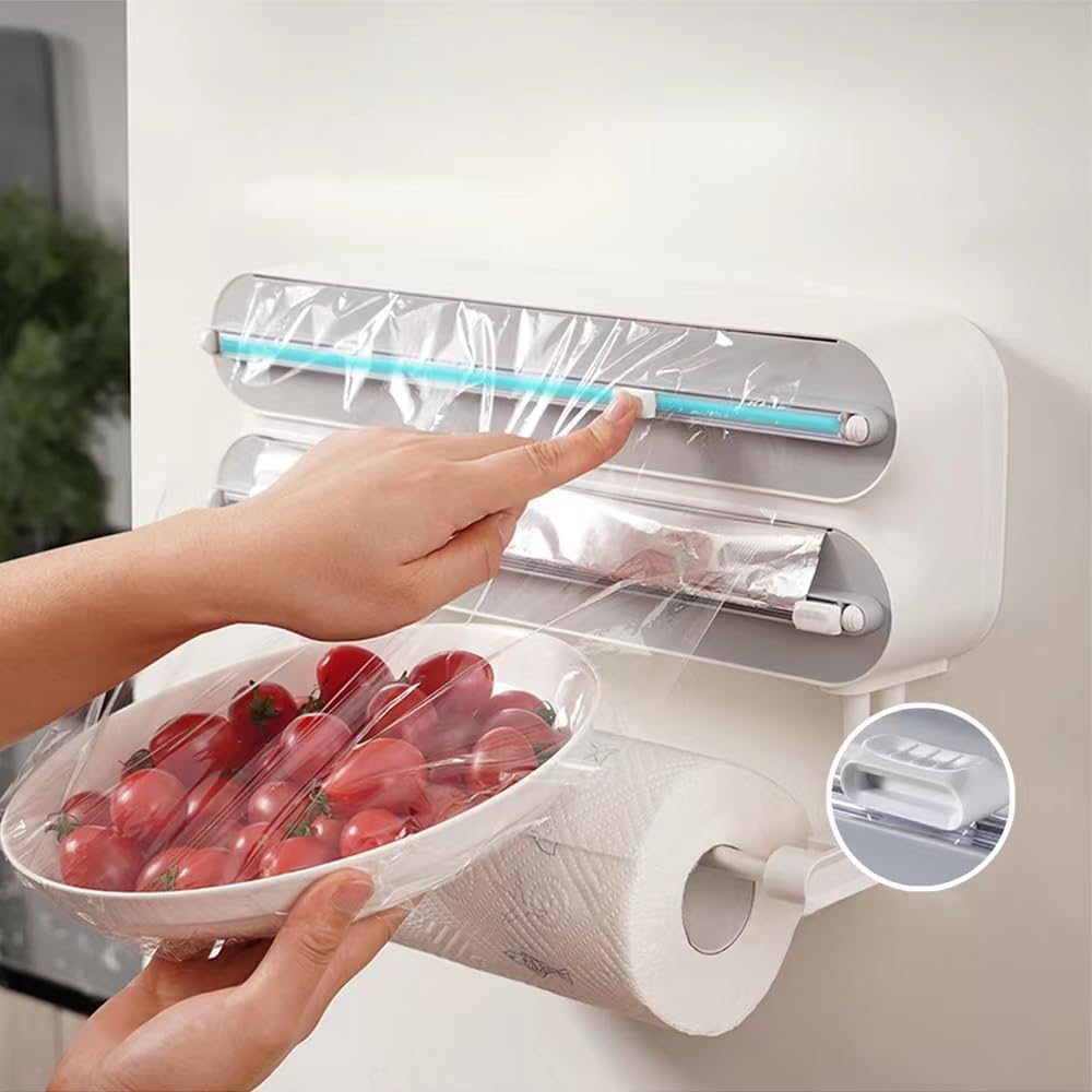 3 in 1 Wrap Organizer with Cutter Includes 2 Rolls of Plastic Wrap and Aluminum Foil DispenserMagnetic Paper Towel Holder for Fridgefoil and Plastic wrap OrganizerMagnetic Paper Towel Holder