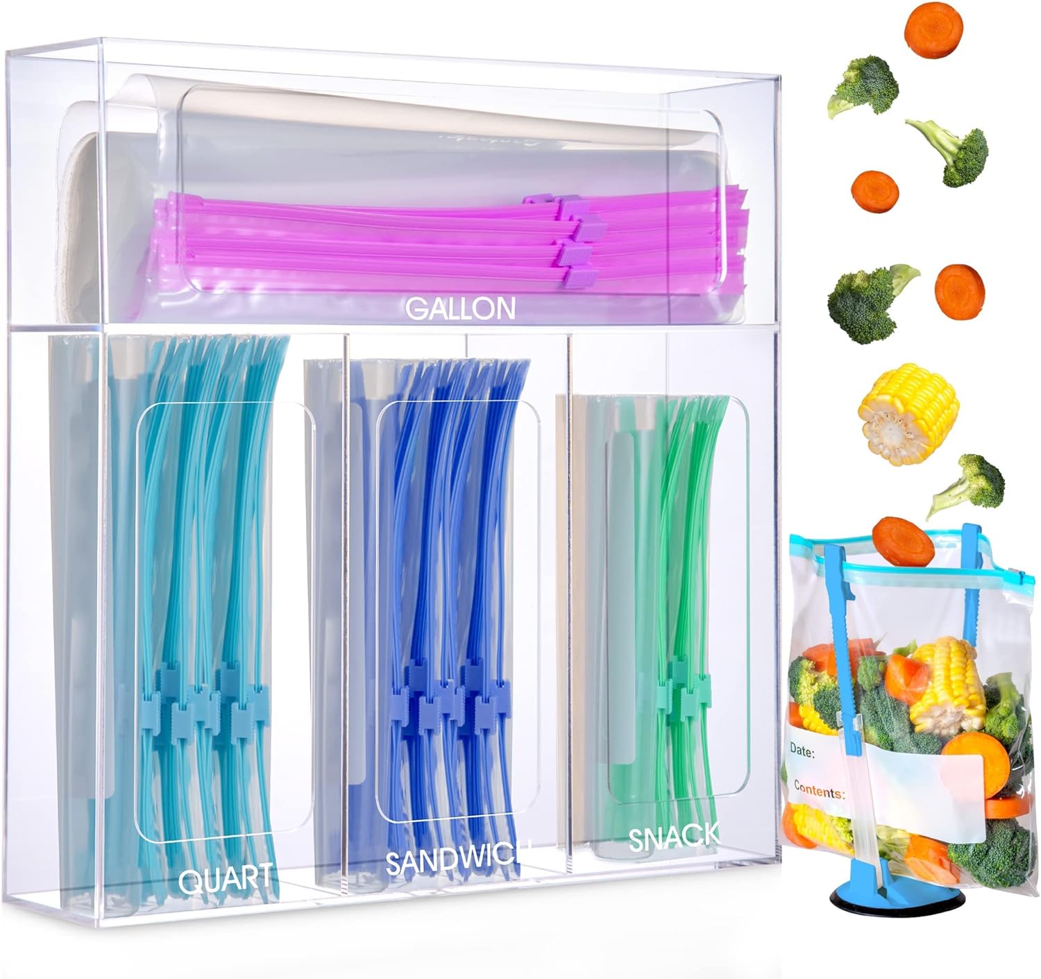 Clear Storage Bag Organizer For Drawer or Wall with Baggy Rack Holder, Plastic Bag Holder, Acrylic Plastic Bag Organizer for Slider Quart Bags, Sandwich Bag Organizer and Compatible with Ziplock Bags