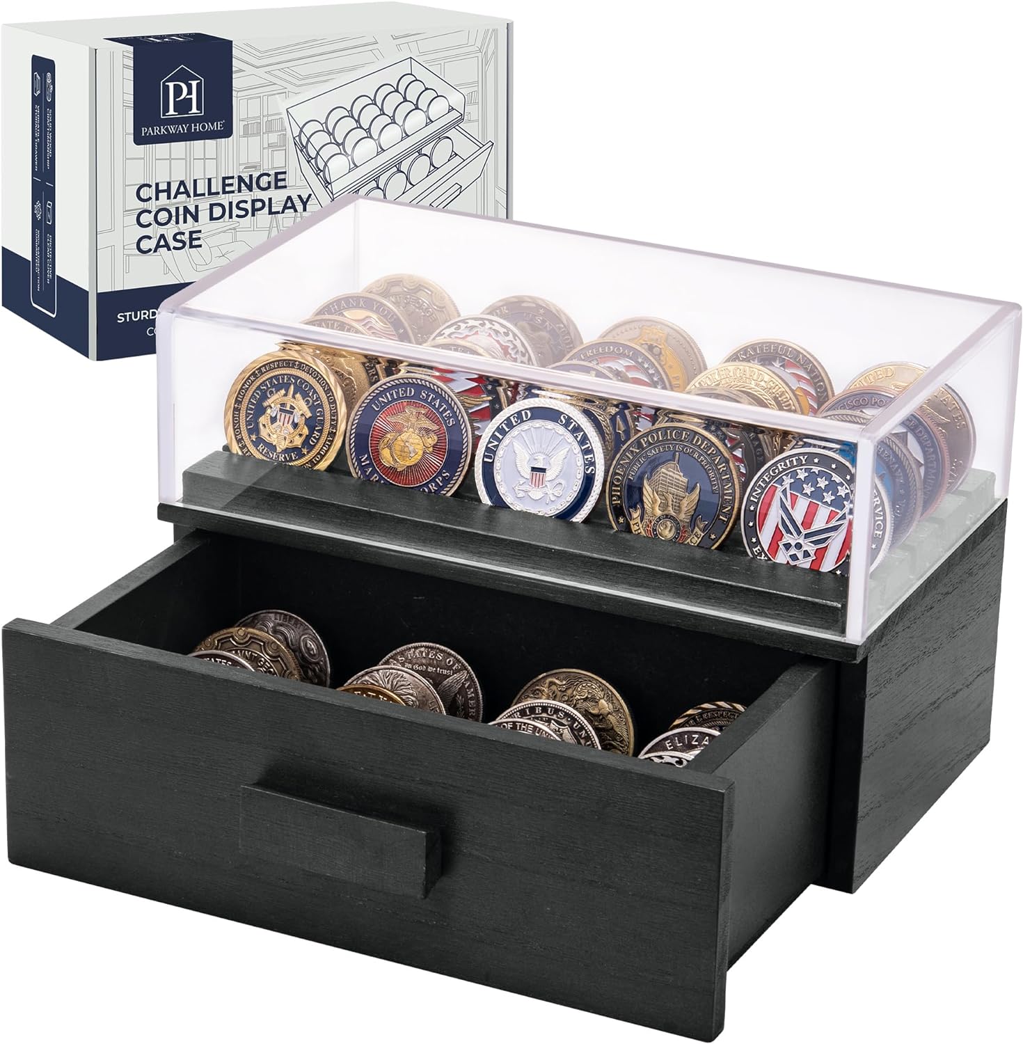 Black Wooden Challenge Coin Display Case with Clear Cover - Medium Military Coin Display Case Holds 20 Coins on Top & 16 in The Storage Drawer - Versatile Coin Stand Holder & Poker Chip Display Case