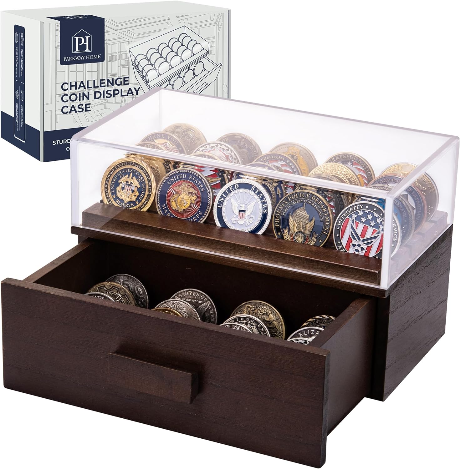 Wooden Challenge Coin Display Case with Clear Cover - Medium Military Coin Display Case Holds 20 Coins on Top & 16 in the Storage Drawer - Versatile Coin Stand Holder & Poker Chip Display Case - Brown