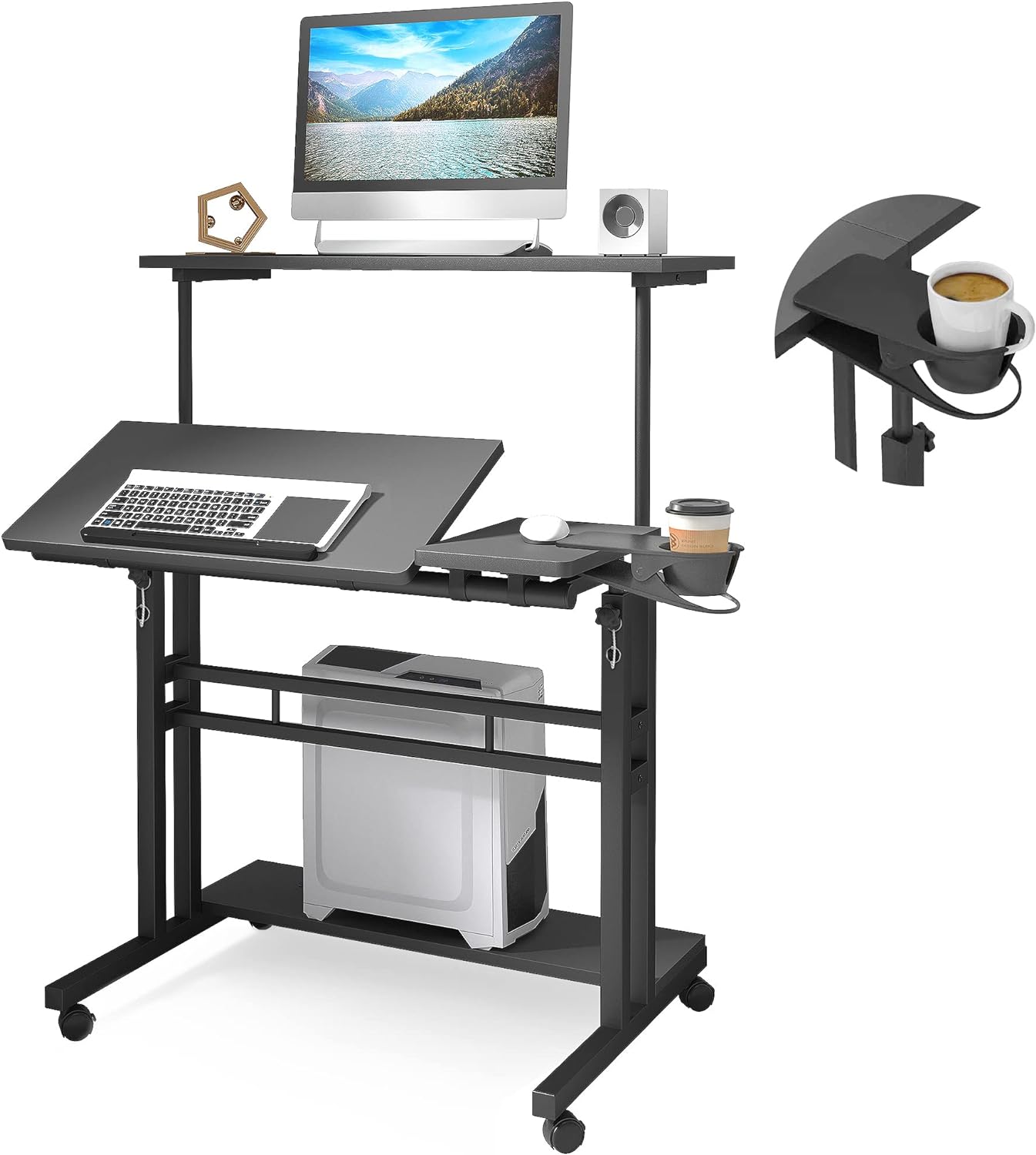 Mobile Standing Desk, Adjustable Rolling Computer Desk with 3 Desktops, Portable Laptop Table with Desk Cup Holder, Home Office Laptop Workstation on Lockable Wheels, Black