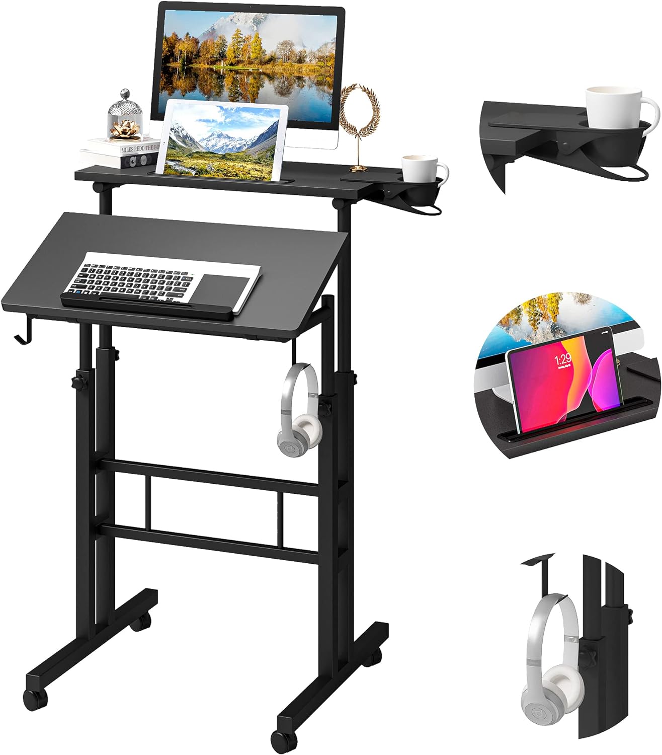 Klvied Adjustable Height Standing Desk with Cup Holder, Portable and Easy to Move, Ideal for Home or Office, Black