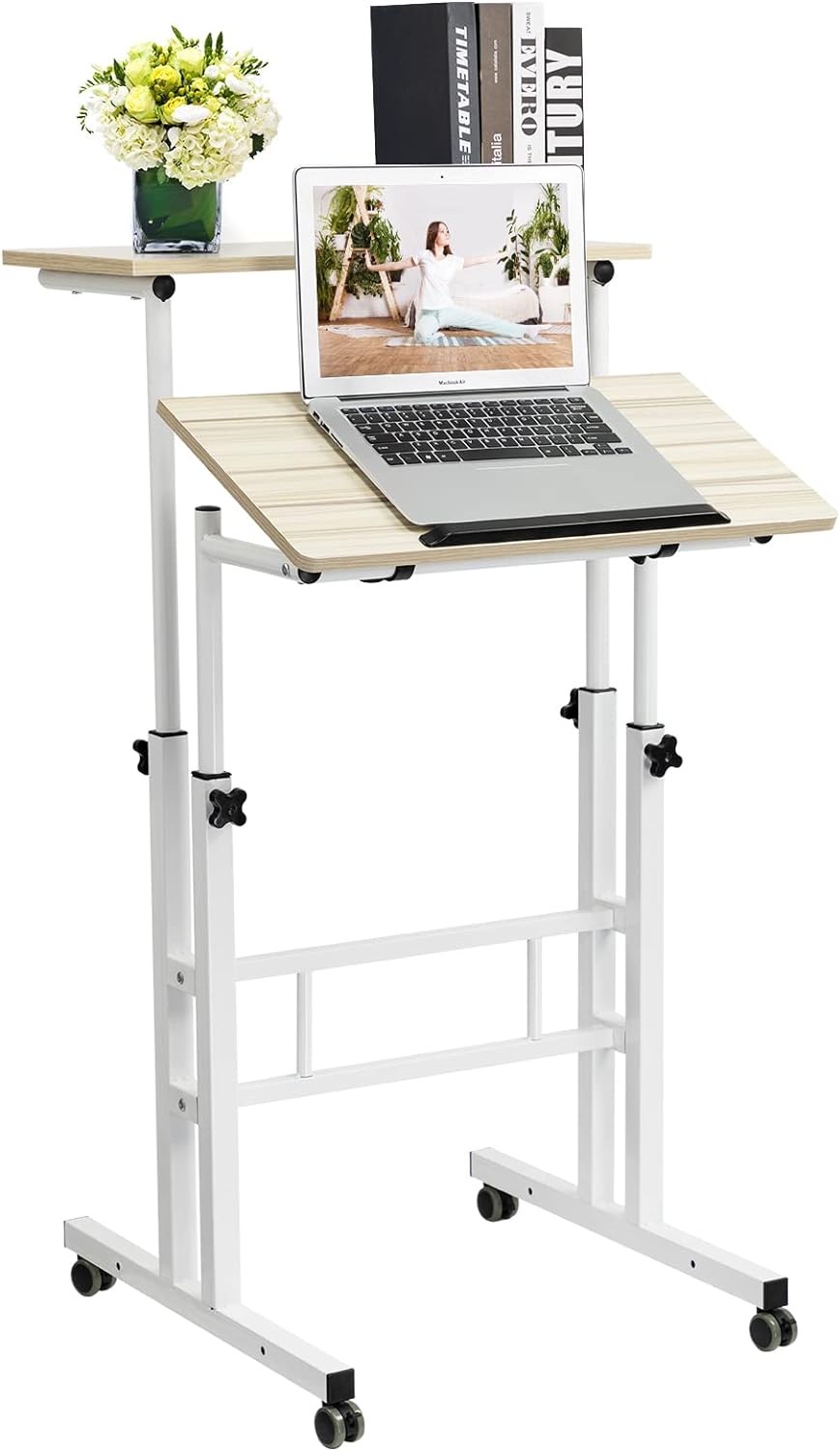 Hadulcet Adjustable Standing Desk, Mobile Standing Desk, Laptop Cart on Wheels, Rolling Computer Cart for Home Office, Rolling Table for Stand Up, Natural Beige