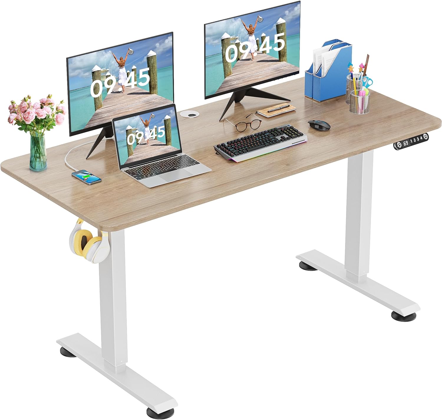 farexon Electric Standing Desk Adjustable Height, 48 x 24 inch Sit Stand Desk with Metal Metal Hook, 4 Memory Heights, 27''-45'' Lifting Range Stand up DeskOak Tabletop with White Frame