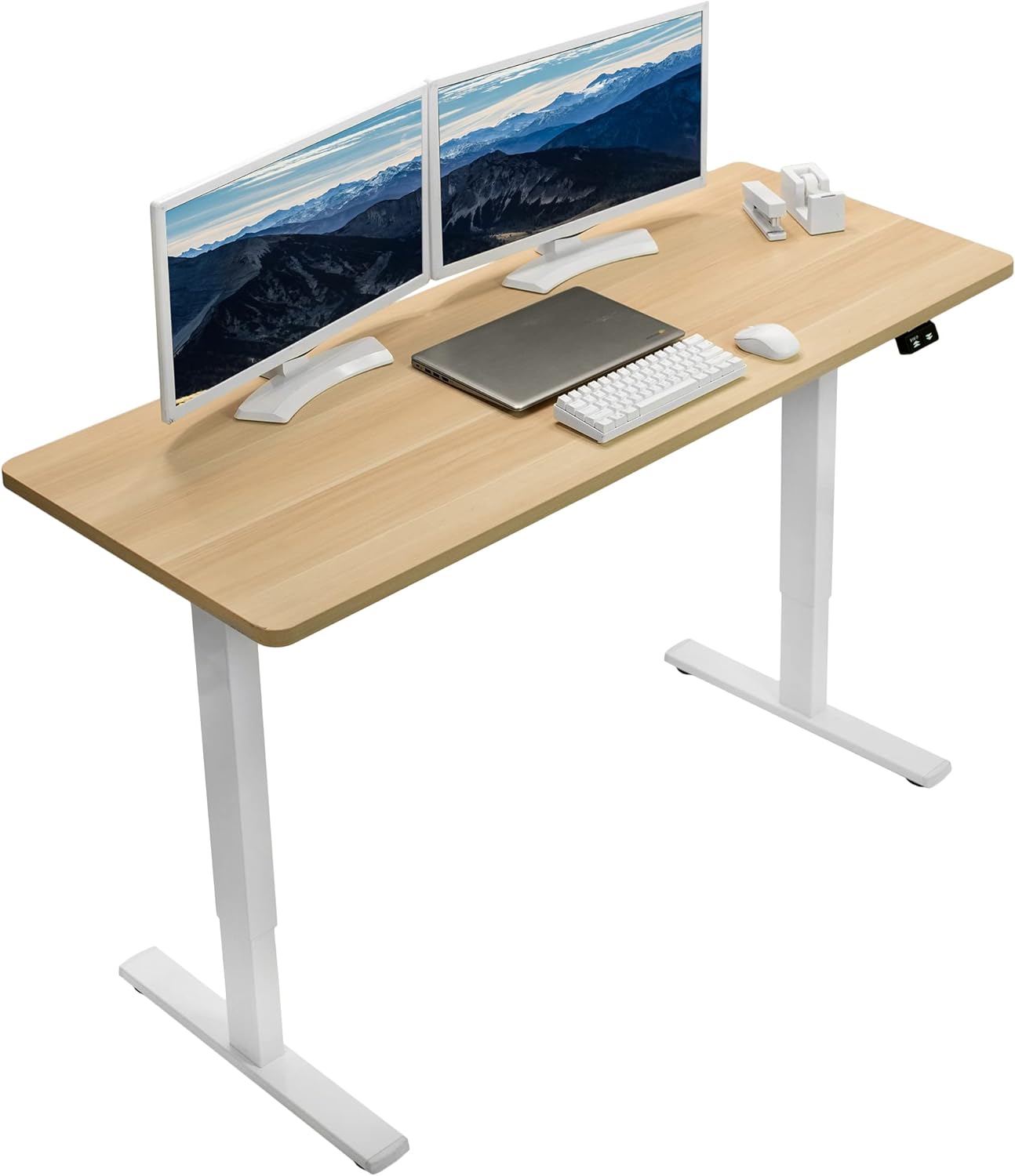 VIVO 60-inch Electric Height Adjustable 60 x 24 inch Stand Up Desk, Light Wood Solid One-Piece Table Top, White Frame, Home & Office Furniture Sets, B0 Series, DESK-KIT-W06C