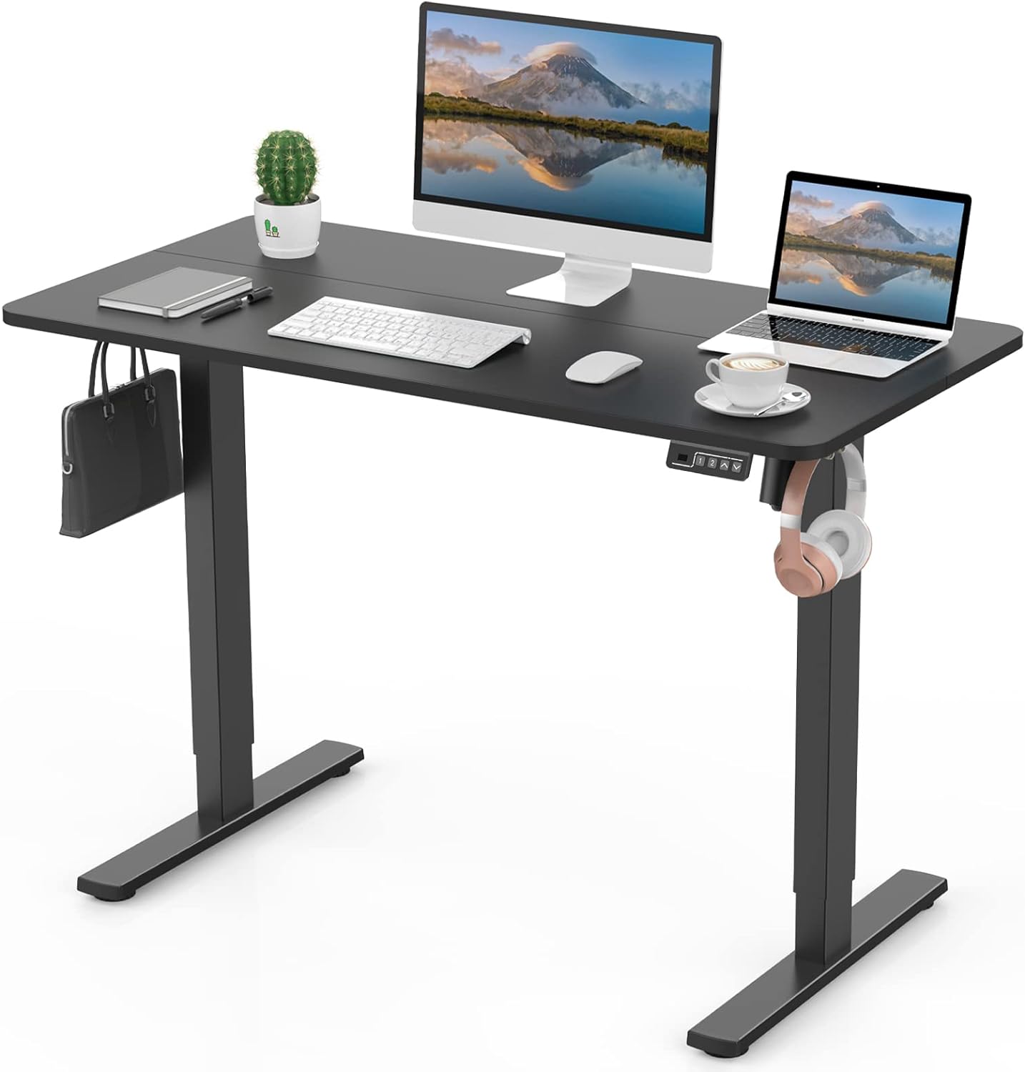 Electric Ergonomic Height Adjustable Standing Desk 110x60cm (43.3x23.6), Sit Stand Desk with Splicing Top for Home Office (Black Frame   Black Desktop)