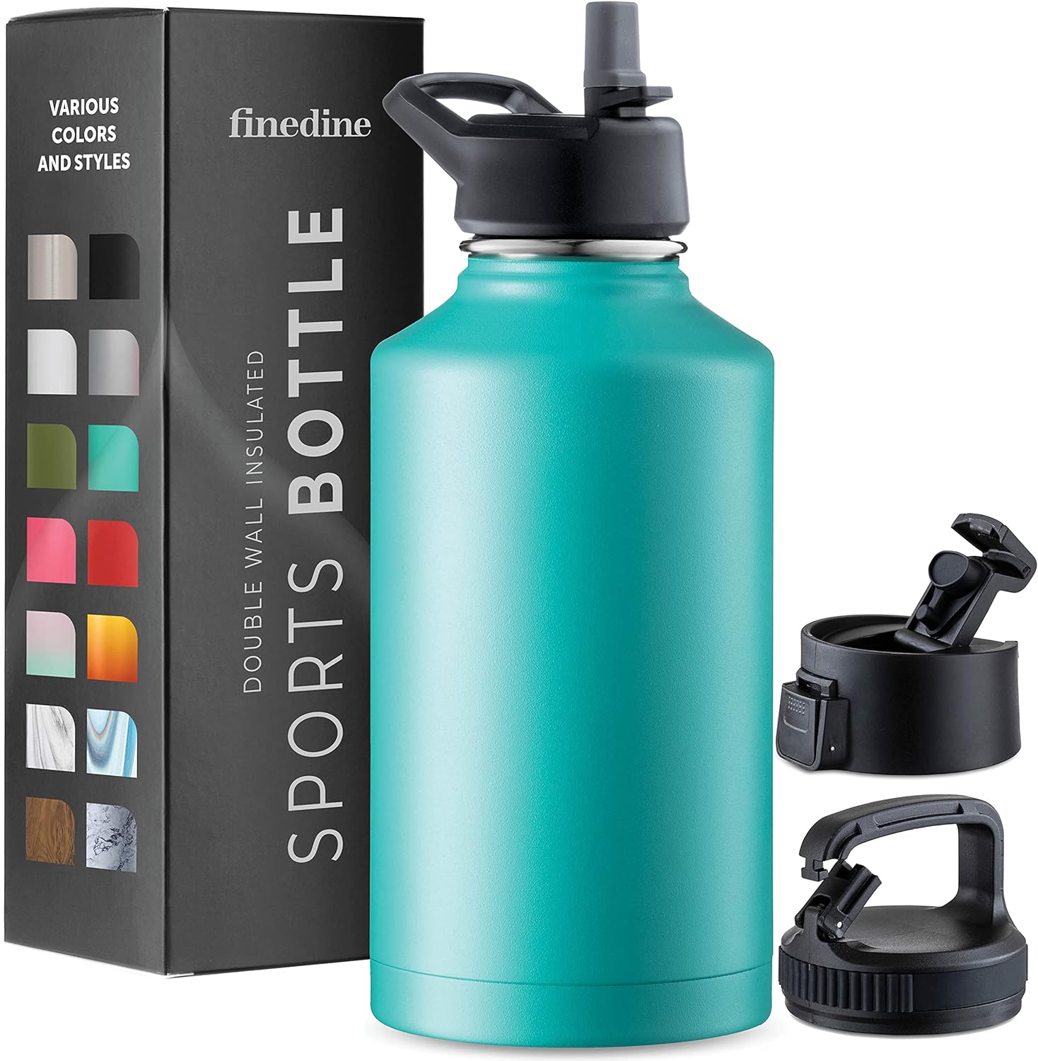 FineDine Triple Walled, Insulated Water Bottles with Straw - 64 Oz Stainless Steel Metal Bottle W/ 3 Leak Proof Lids - For Travel, School, Sports, Gym/Men, Women & Kids - Cheery Turquoise