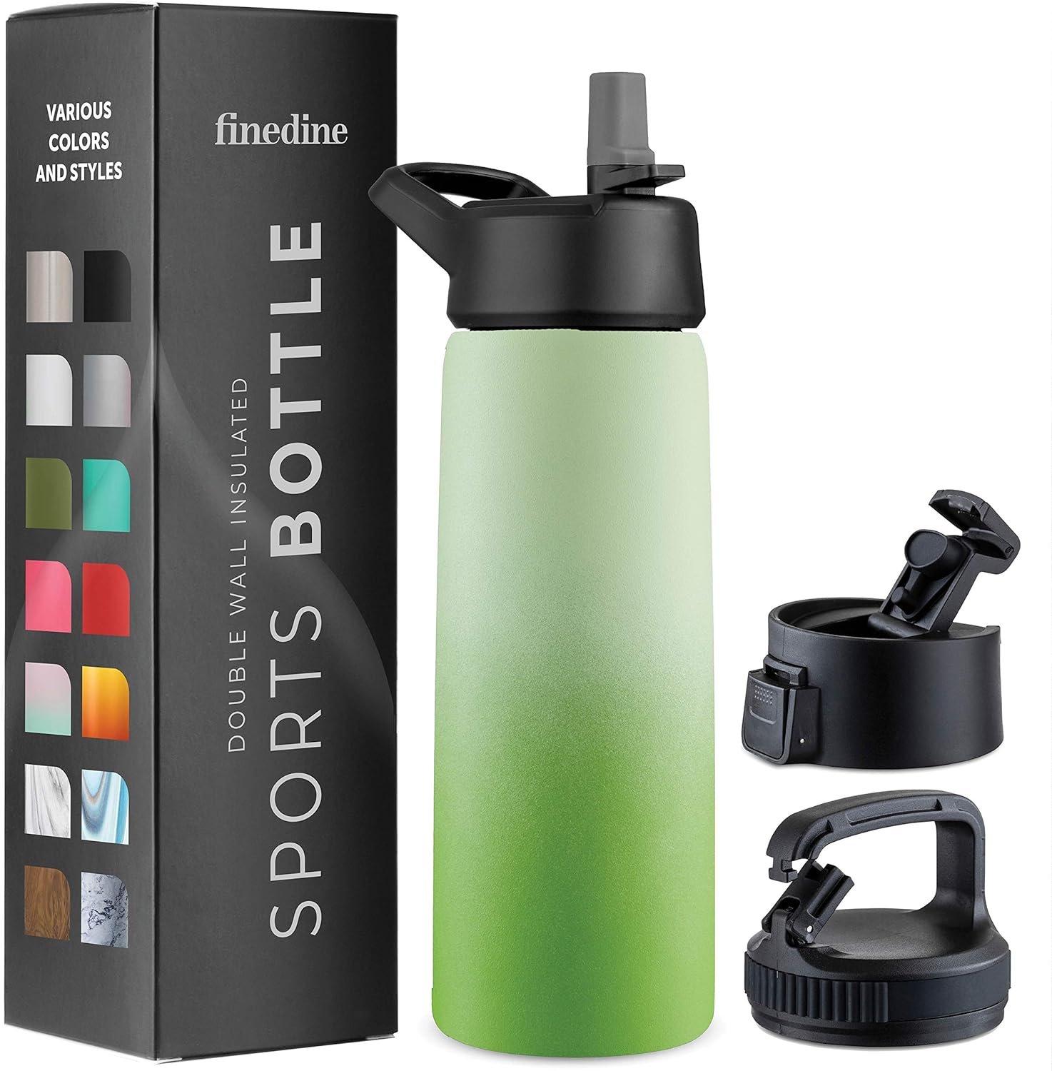 FineDine Insulated Water Bottles with Straw - 25 Oz Stainless Steel Metal Water Bottle W/ 3 Lids - Reusable for Travel, Camping, Bike, Sports - Dreamy Green