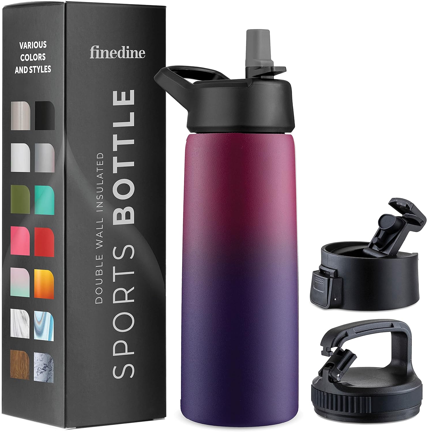 FineDine Insulated Water Bottles with Straw - 25 Oz Stainless Steel Metal Water Bottle W/ 3 Lids - Reusable for Travel, Camping, Bike, Sports - Dreamy Purple