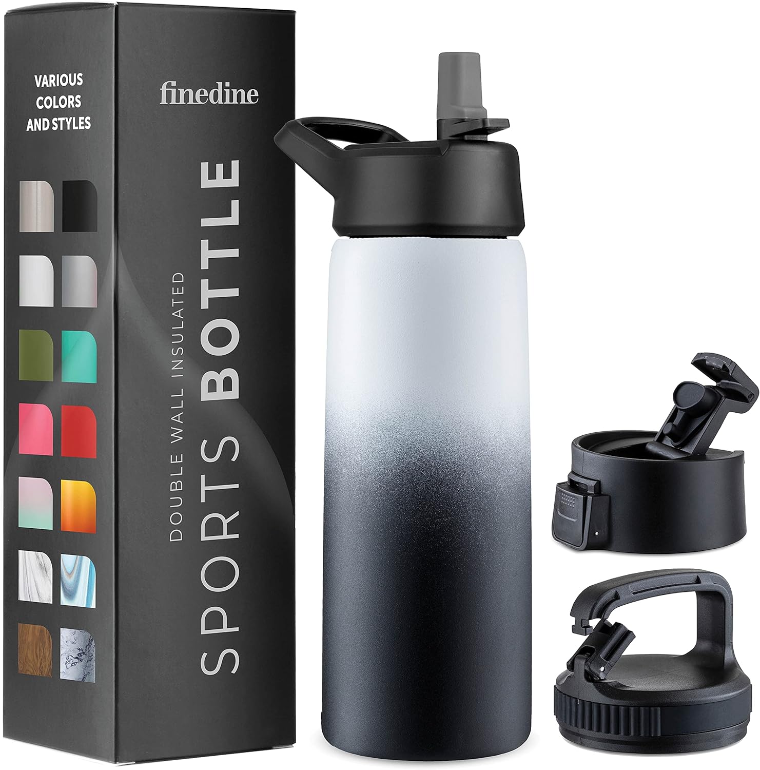 FineDine Insulated Water Bottles with Straw - 25 Oz Stainless Steel Metal Water Bottle W/ 3 Lids - Reusable for Travel, Camping, Bike, Sports - Dreamy Black-White