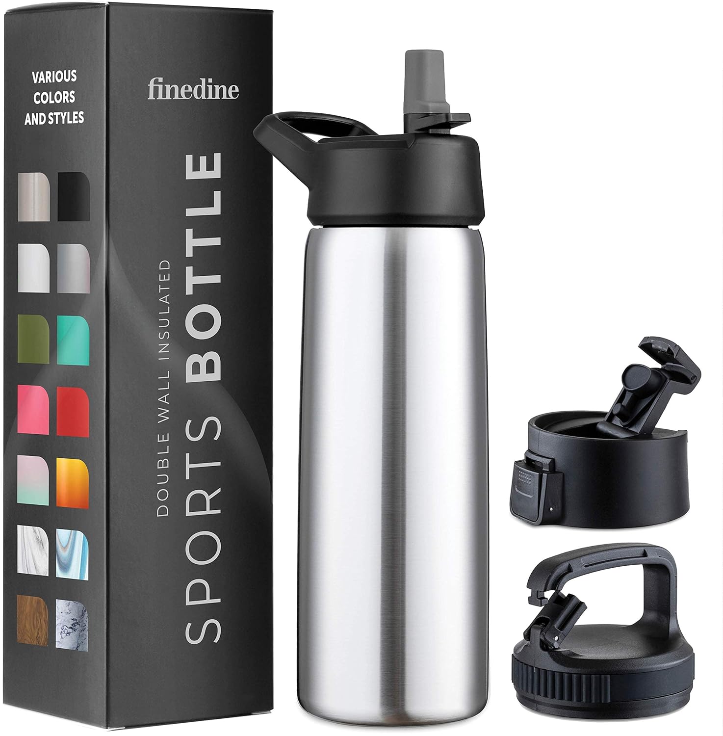 FineDine Insulated Water Bottles with Straw - 25 Oz Stainless Steel Metal Water Bottle W/ 3 Lids - Reusable for Travel, Camping, Bike, Sports - Brushed Stainless Steel