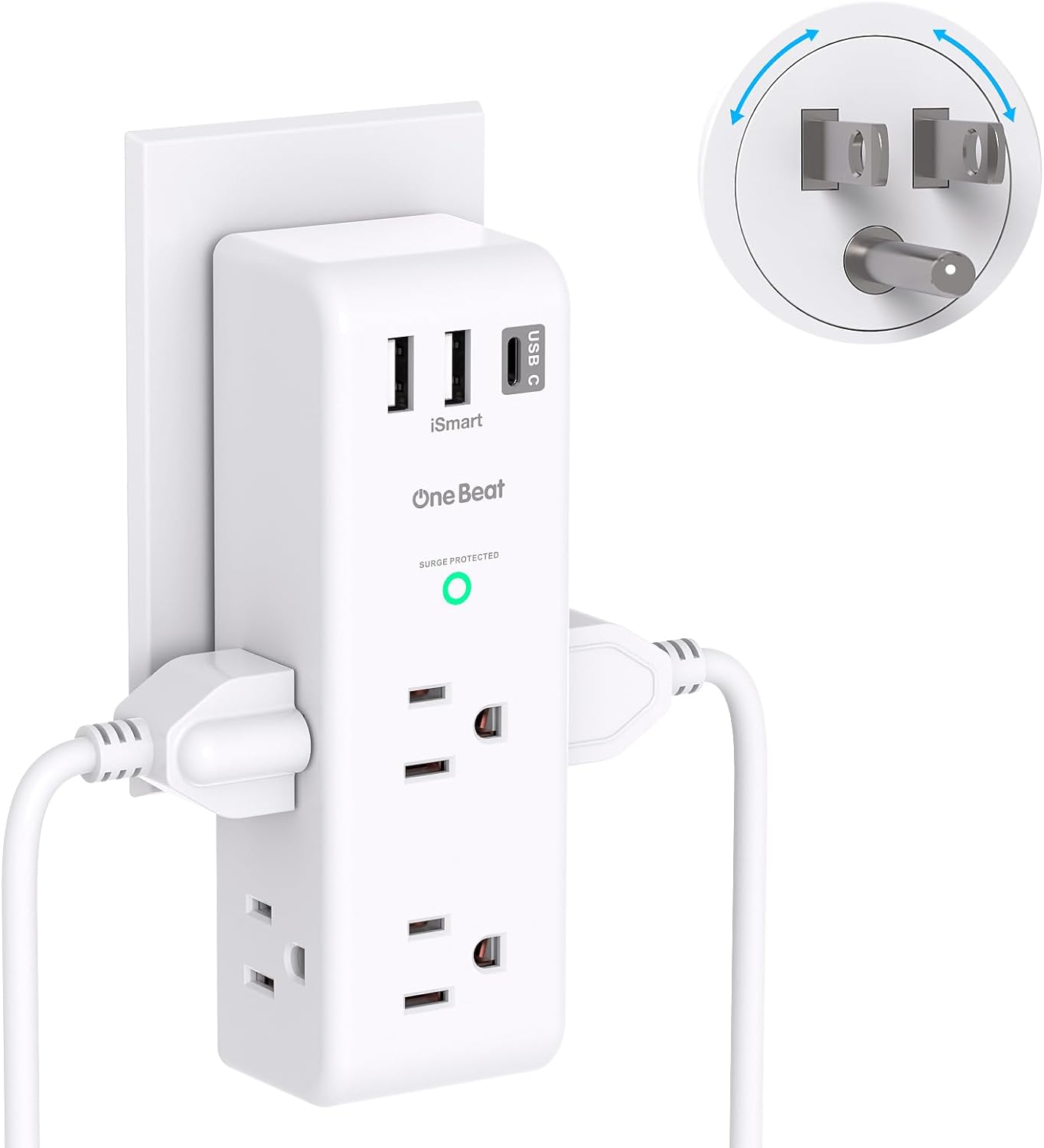 Surge Protector Outlet Extender - with Rotating Plug, 6 AC Multi Plug Outlet with 3 USB Ports (1 USB C), 1800 Joules, 3-Sided Swivel Power Strip with Spaced Outlet Splitter for Home, Office, Travel