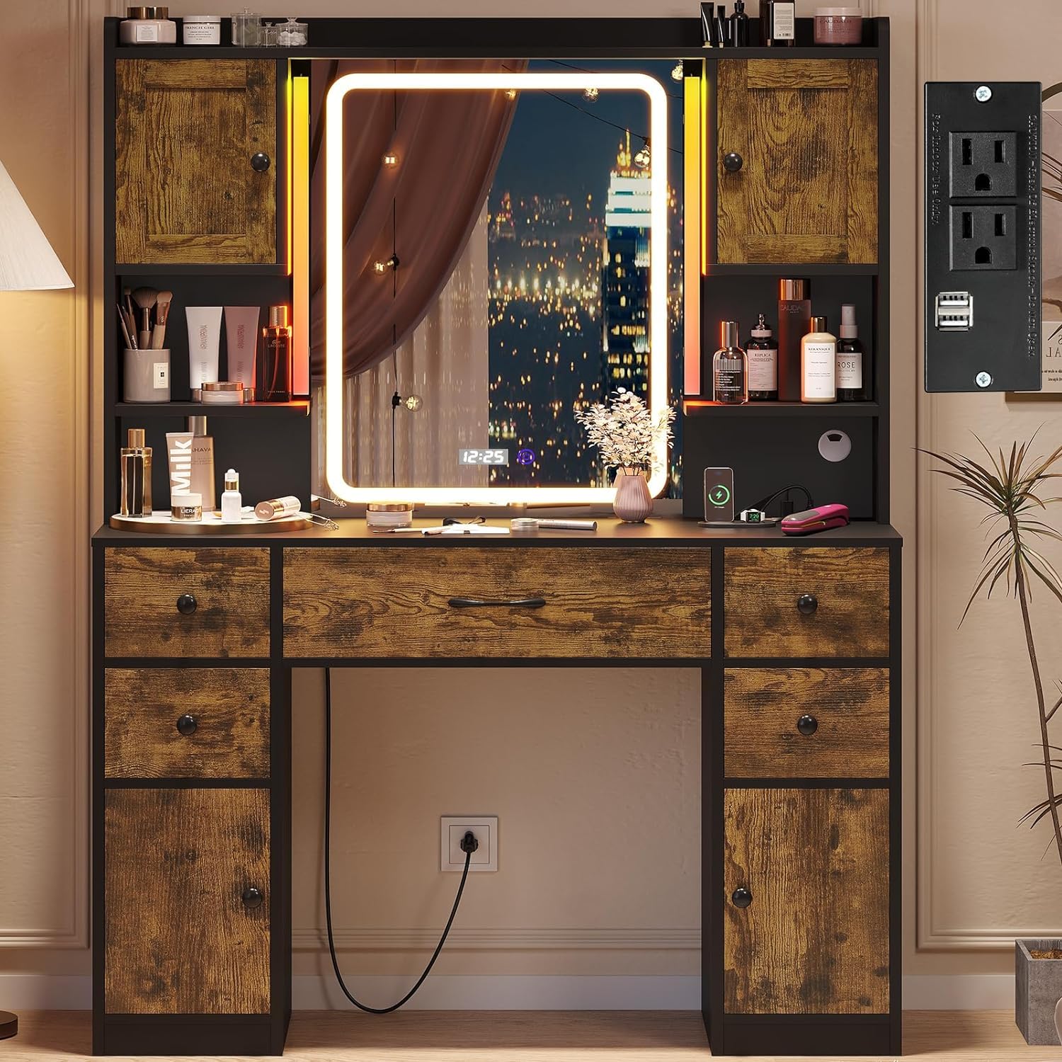 Tiptiper Makeup Vanity Desk with Digital Clock, Mirror and Lights, Large Vanity Table with Charging Station, Farmhouse Dressing Table with 5 Drawers & 4 Cabinets, Vintage Brown & Black
