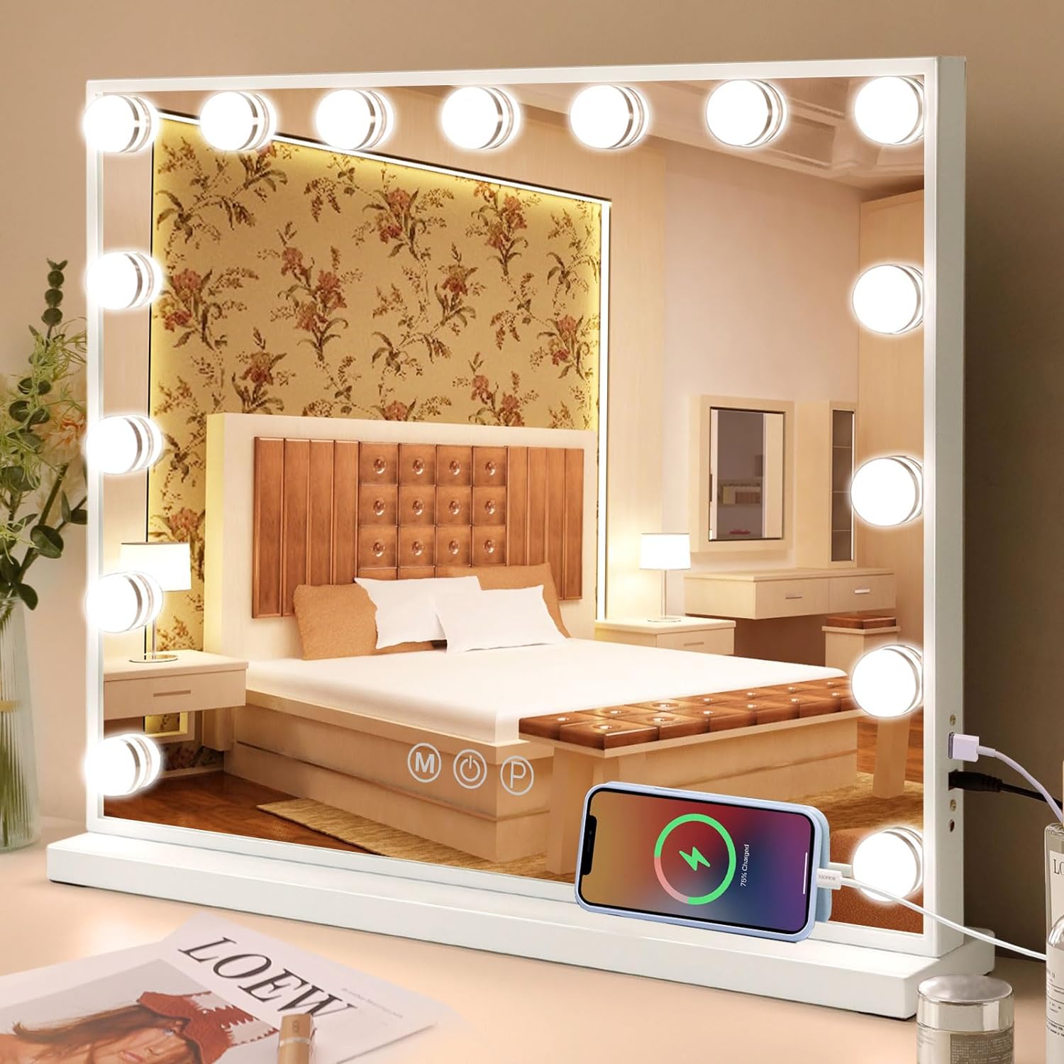 Fenair Vanity Mirror with Lights 22.8x 18.1 Makeup Mirror with Lights and 15 Dimmable Bulbs,3 Colors Modes,Hollywood Mirror with USB Charging Port and 10X Detachable Magnification Mirror