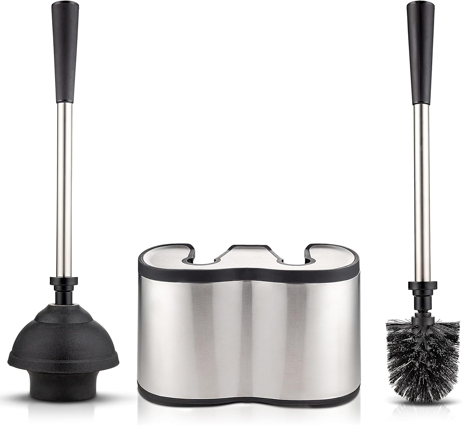 UMIEN Toilet Brush and Plunger Set - Stainless Steel Plunger and Toilet Brush Combo with Freestanding Canister - Modern and Sleek Bathroom Cleaning Accessories